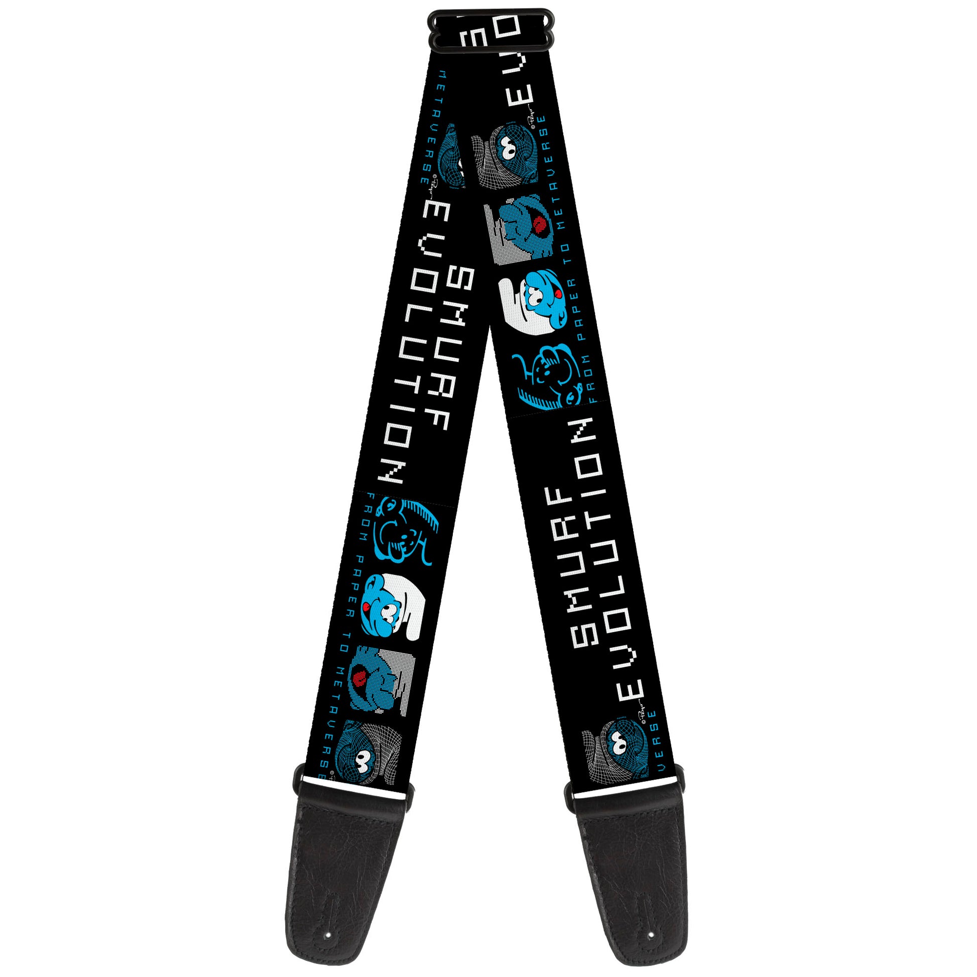 Guitar Strap - SMURF EVOLUTION FROM PAPER TO METAVERSE Smiling Face Black/White/Blues Guitar Straps The Smurfs