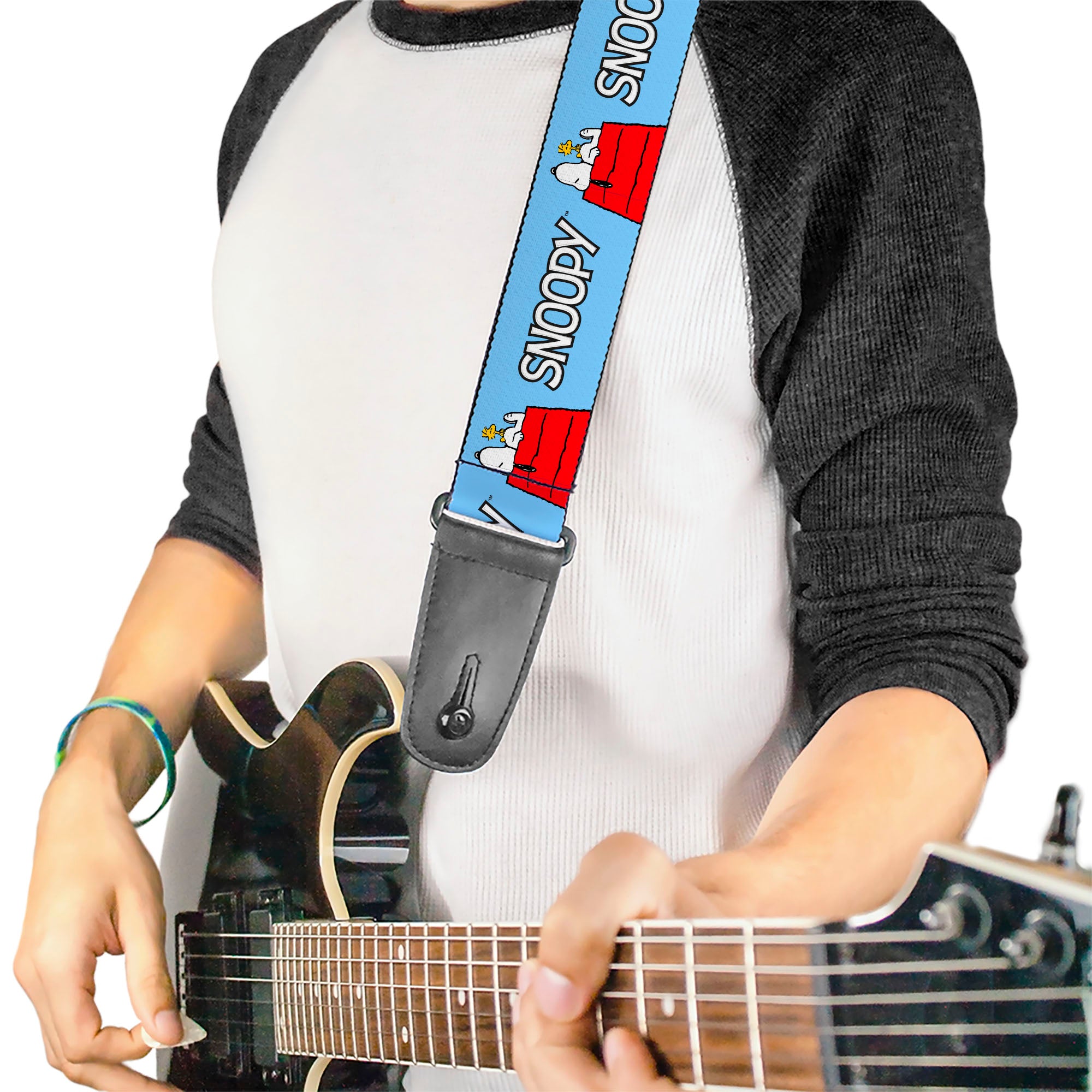 Guitar Strap - Peanuts Snoopy and Woodstock Dog House Pose and Text Sky Blue Guitar Straps Peanuts