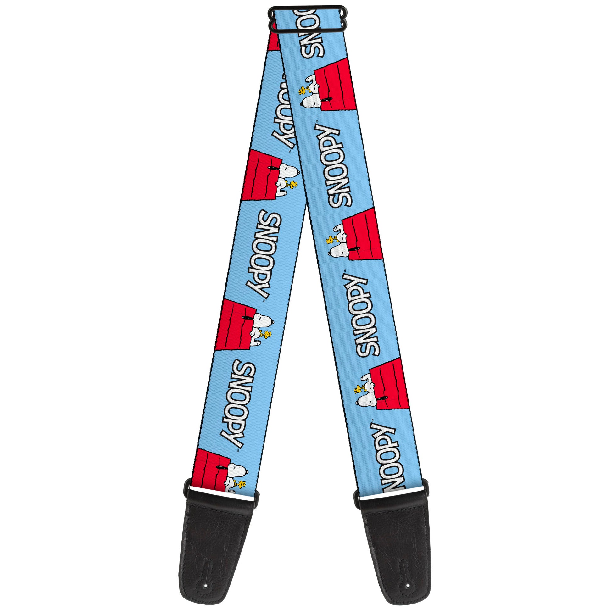Guitar Strap - Peanuts Snoopy and Woodstock Dog House Pose and Text Sky Blue Guitar Straps Peanuts