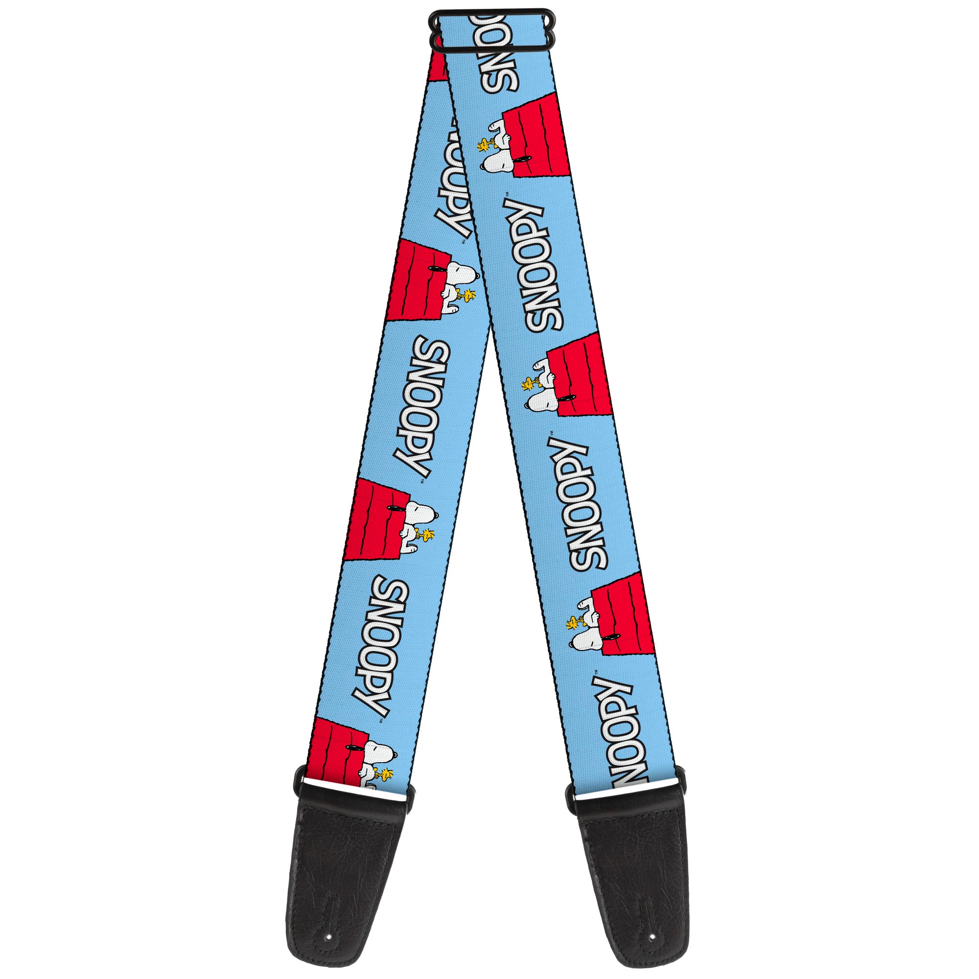 Guitar Strap - Peanuts Snoopy and Woodstock Dog House Pose and Text Sky Blue Guitar Straps Peanuts