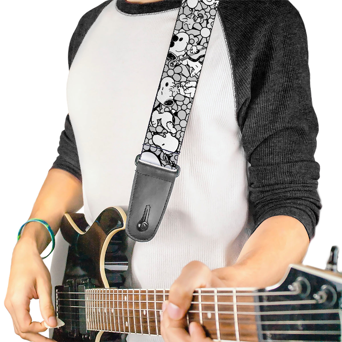 Guitar Strap - SNOOPY Poses and Daisy Flowers Collage Black/Grays/White Guitar Straps Peanuts