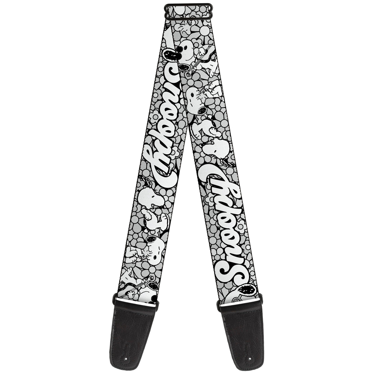 Guitar Strap - SNOOPY Poses and Daisy Flowers Collage Black/Grays/White Guitar Straps Peanuts