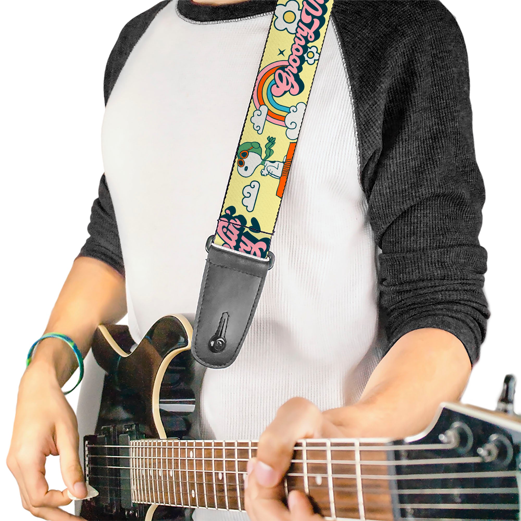 Guitar Strap - Peanuts Snoopy Flying Ace and Woodstock GROOVY Quotes Collage Yellow Guitar Straps Peanuts