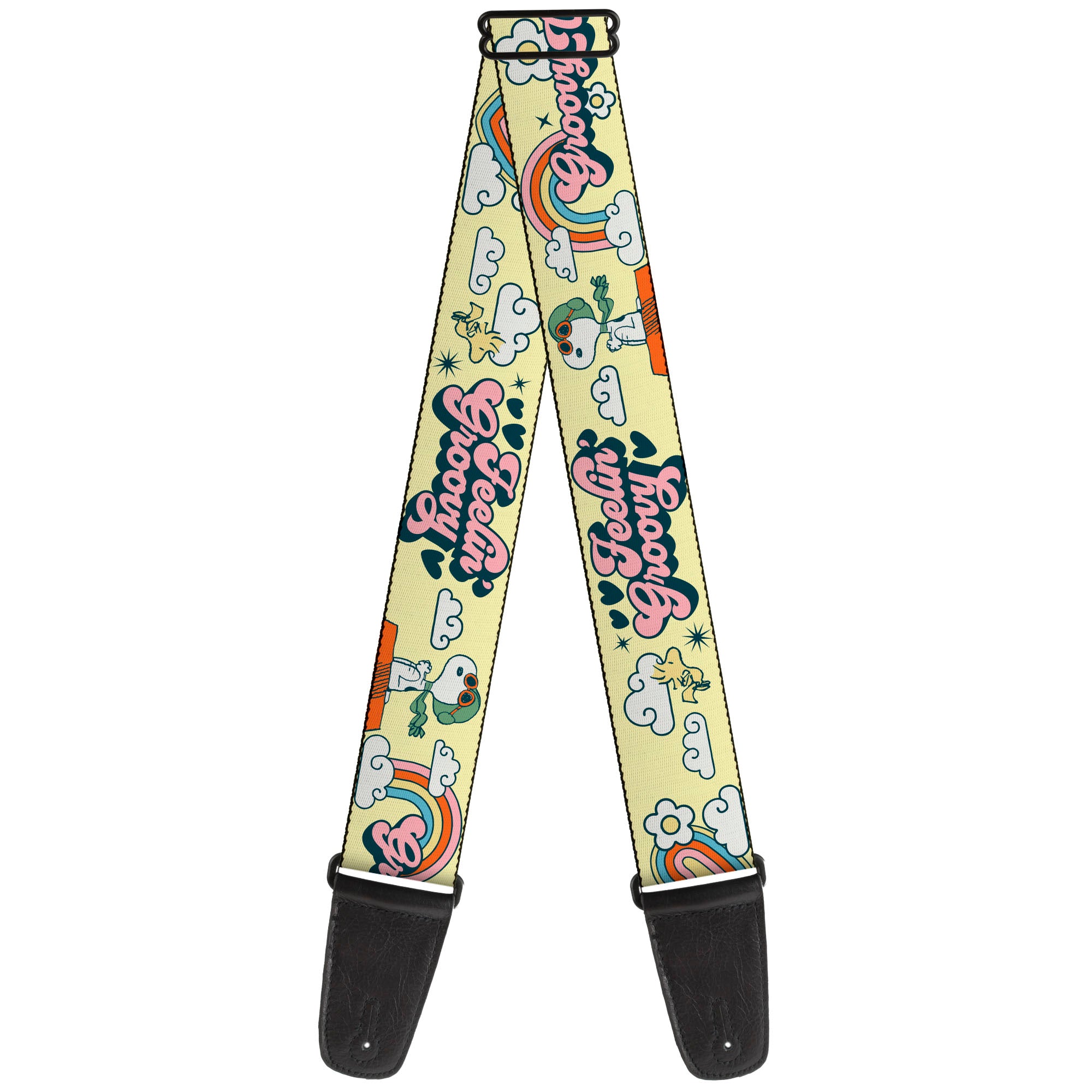 Guitar Strap - Peanuts Snoopy Flying Ace and Woodstock GROOVY Quotes Collage Yellow Guitar Straps Peanuts