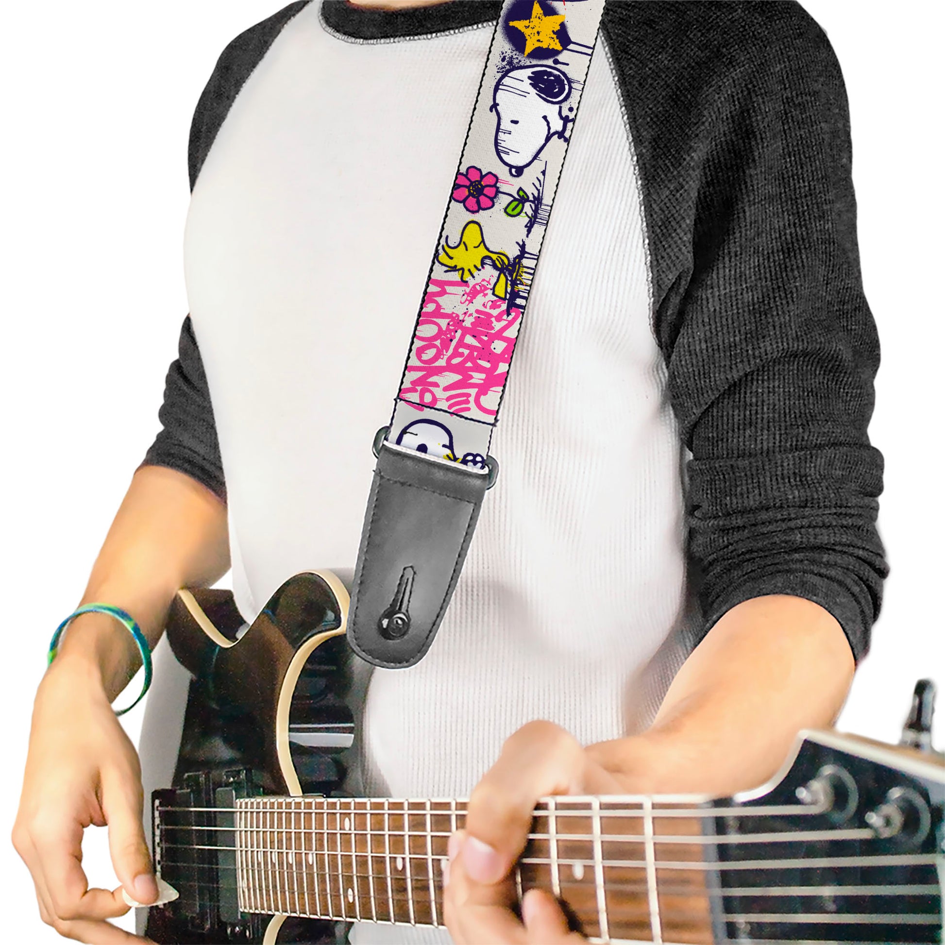 Guitar Strap - Peanuts Snoopy and Woodstock Graffiti Collage White/Multi Color Guitar Straps Peanuts