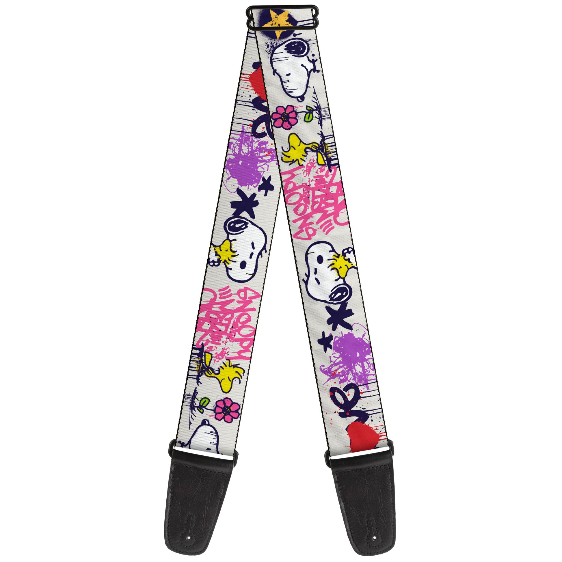 Guitar Strap - Peanuts Snoopy and Woodstock Graffiti Collage White/Multi Color Guitar Straps Peanuts