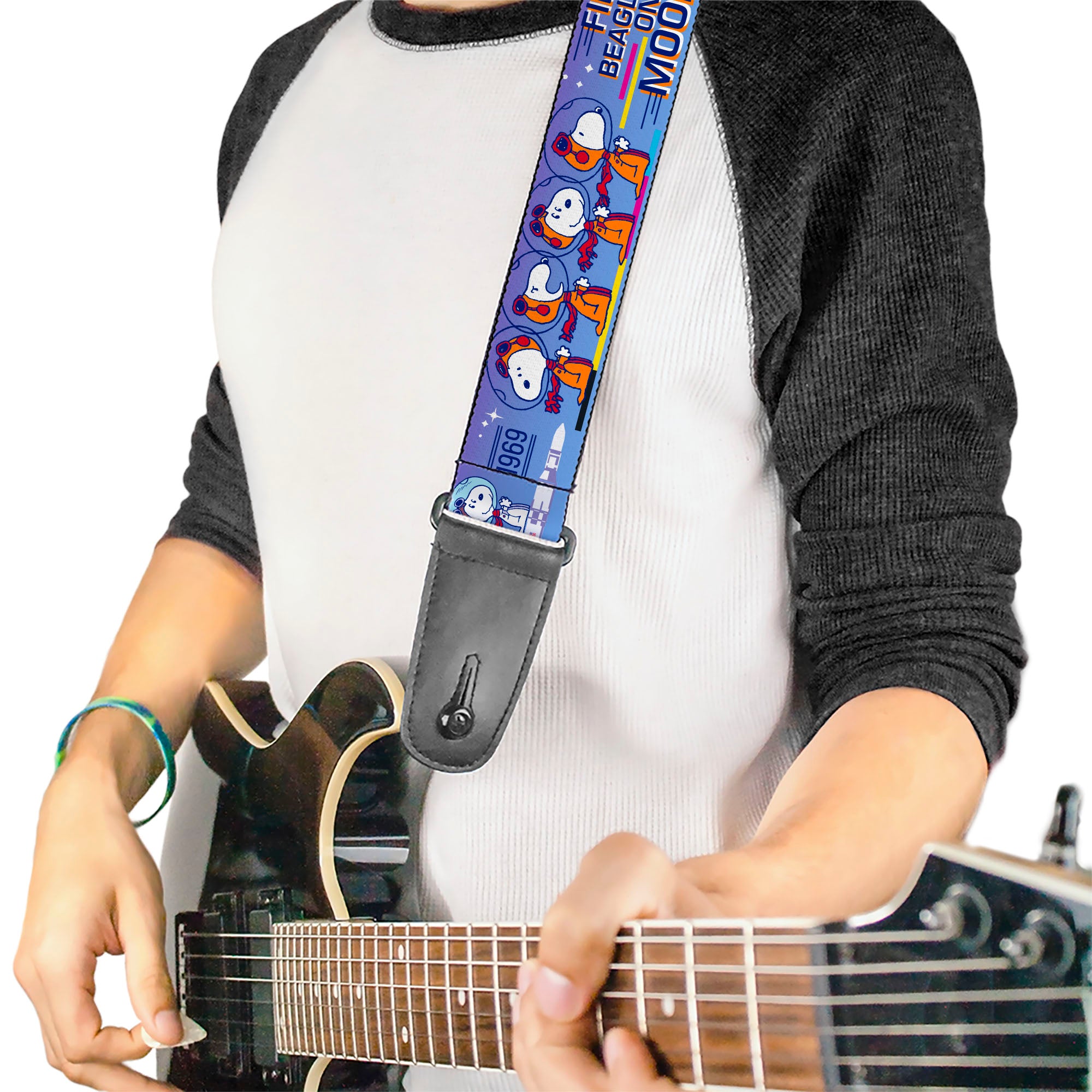 Guitar Strap - Peanuts Astronaut Snoopy Launch Poses and Text White/Multi Color Guitar Straps Peanuts