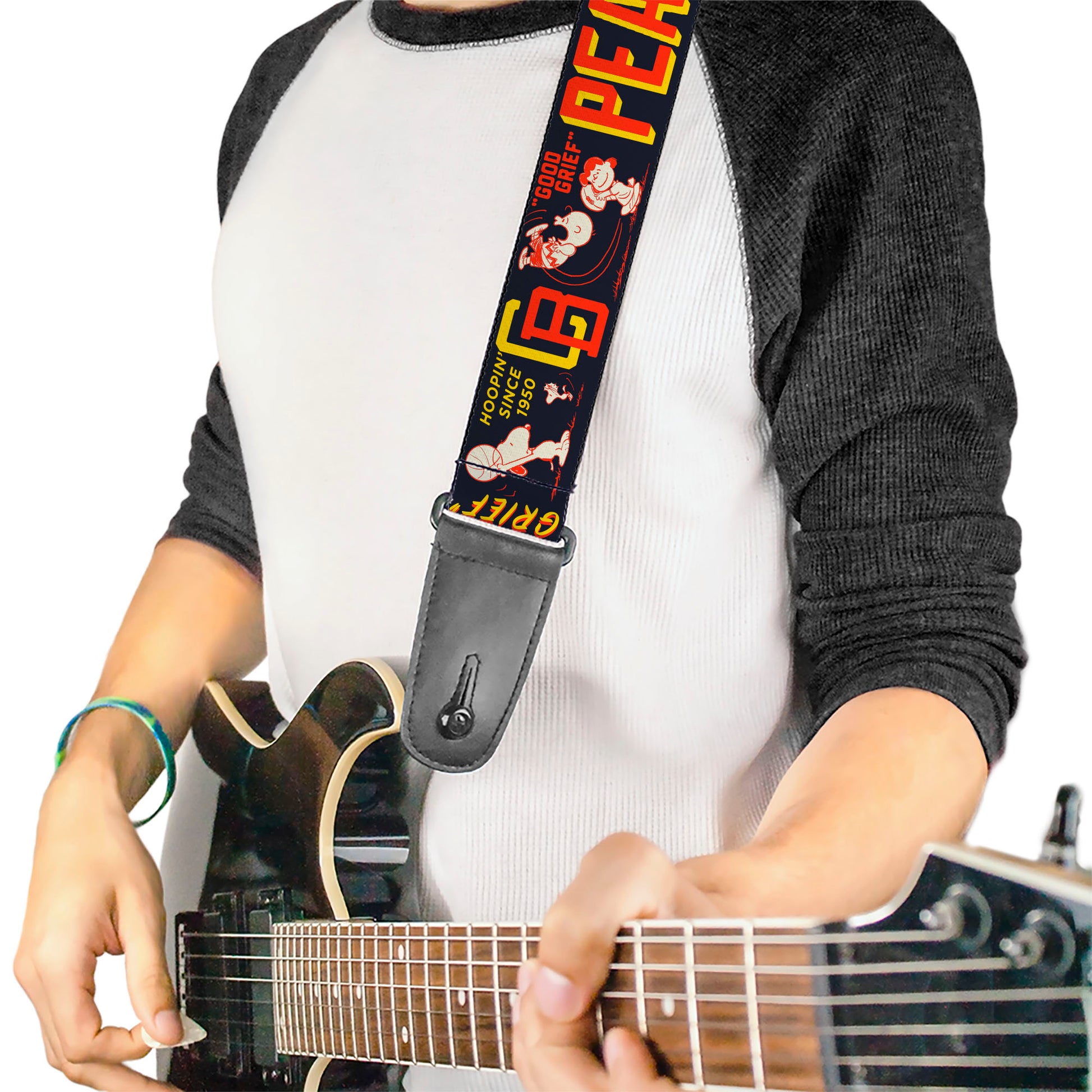 Guitar Strap - PEANUTS ATHLETIC CLUB Varsity Poses and Quotes Collage Black/Red/Yellow Guitar Straps Peanuts