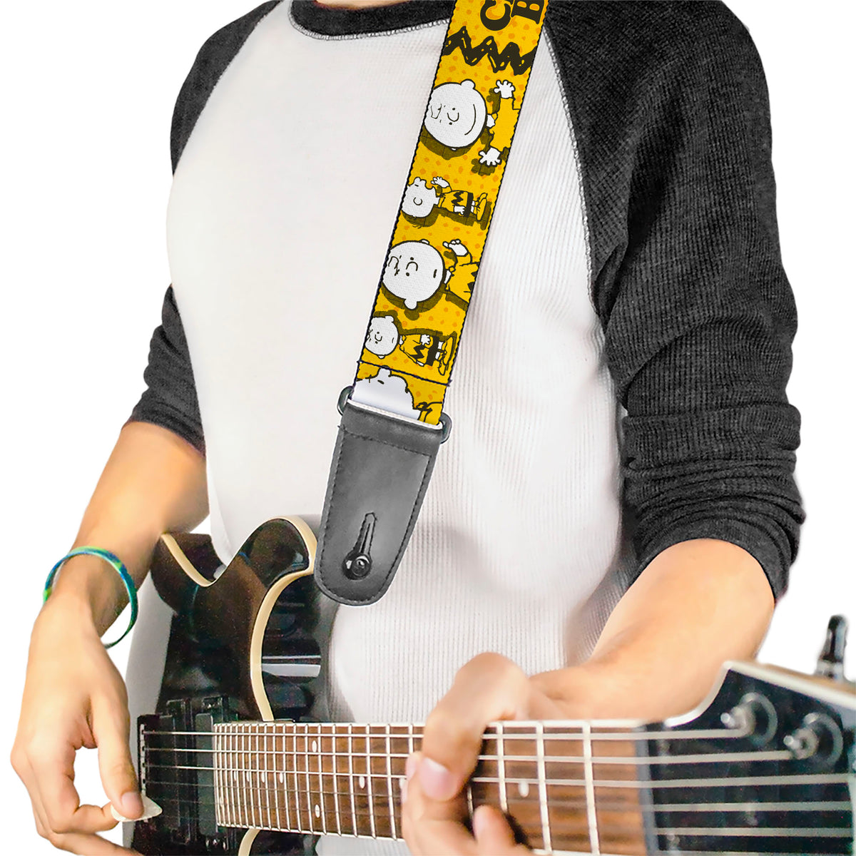 Guitar Strap - Peanuts I AM CHARLIE BROWN Poses and Zig Zag Stripe Yellows/Black Guitar Straps Peanuts