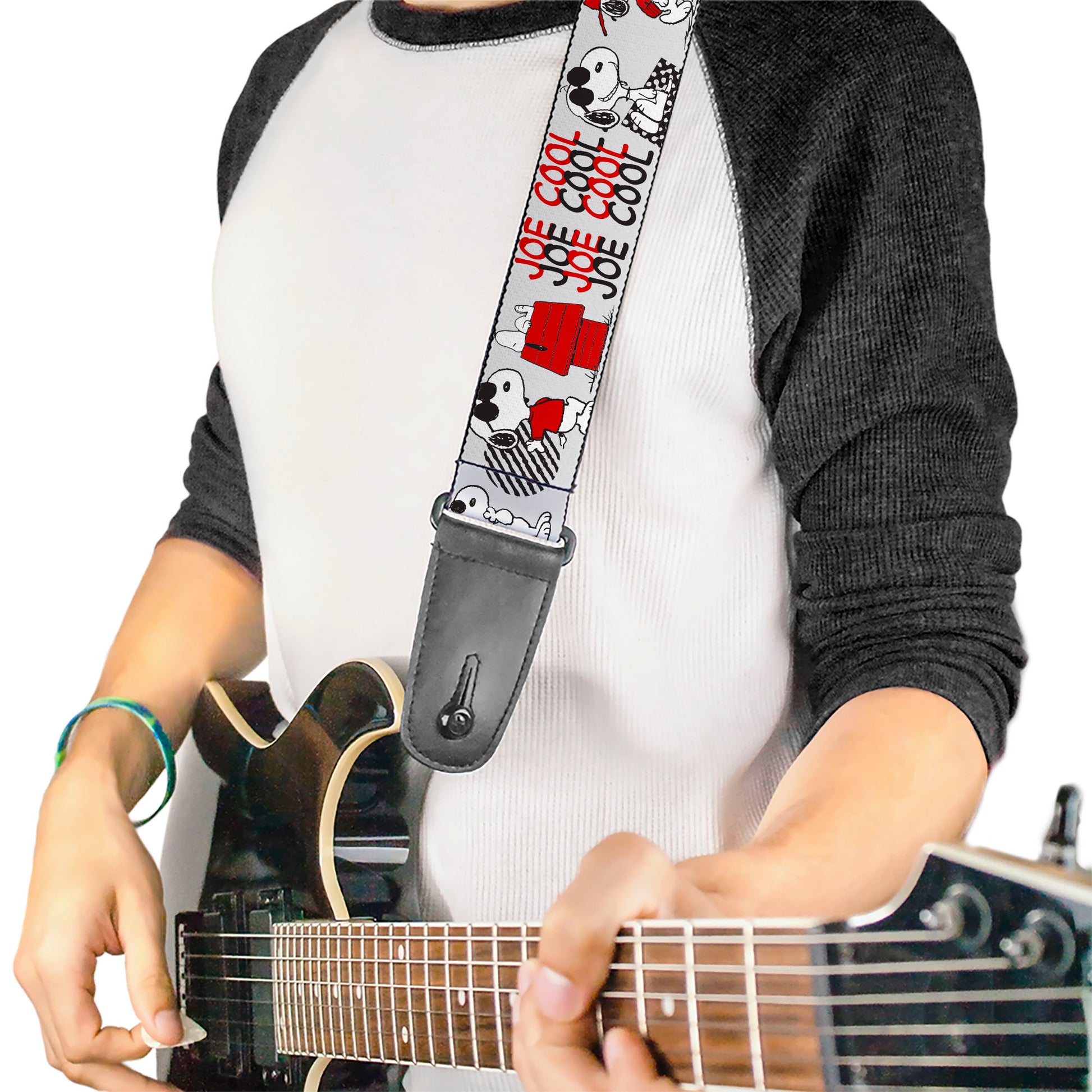 Guitar Strap - Peanuts JOE COOL Snoopy Poses and Text Gray/Black/Red/White Guitar Straps Peanuts
