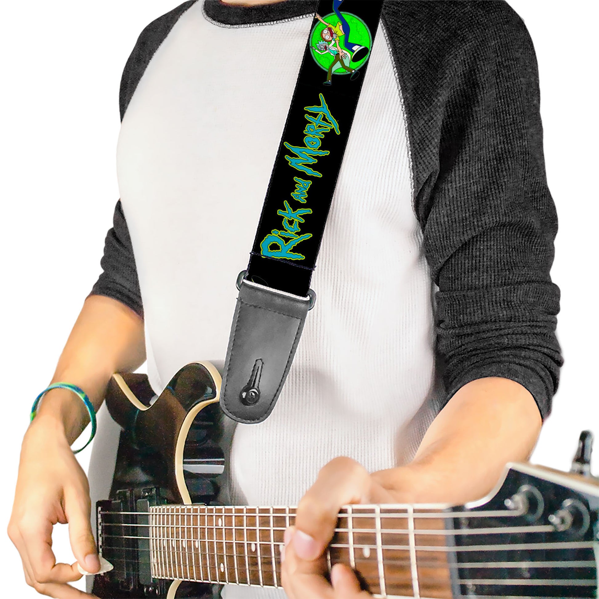 Guitar Strap - RICK AND MORTY Title Logo and Portal Pose Black Guitar Straps Rick and Morty   