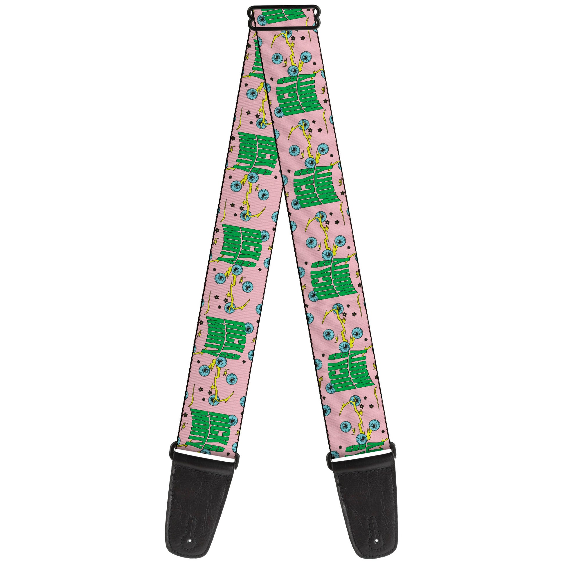 Guitar Strap - RICK AND MORTY Text and Eyeball Collage Pink/Green Guitar Straps Rick and Morty