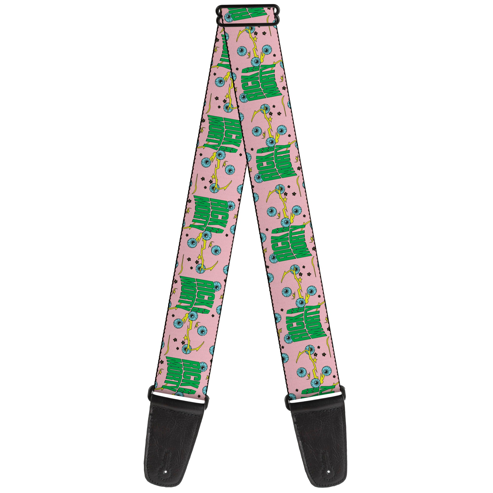 Guitar Strap - RICK AND MORTY Text and Eyeball Collage Pink/Green Guitar Straps Rick and Morty