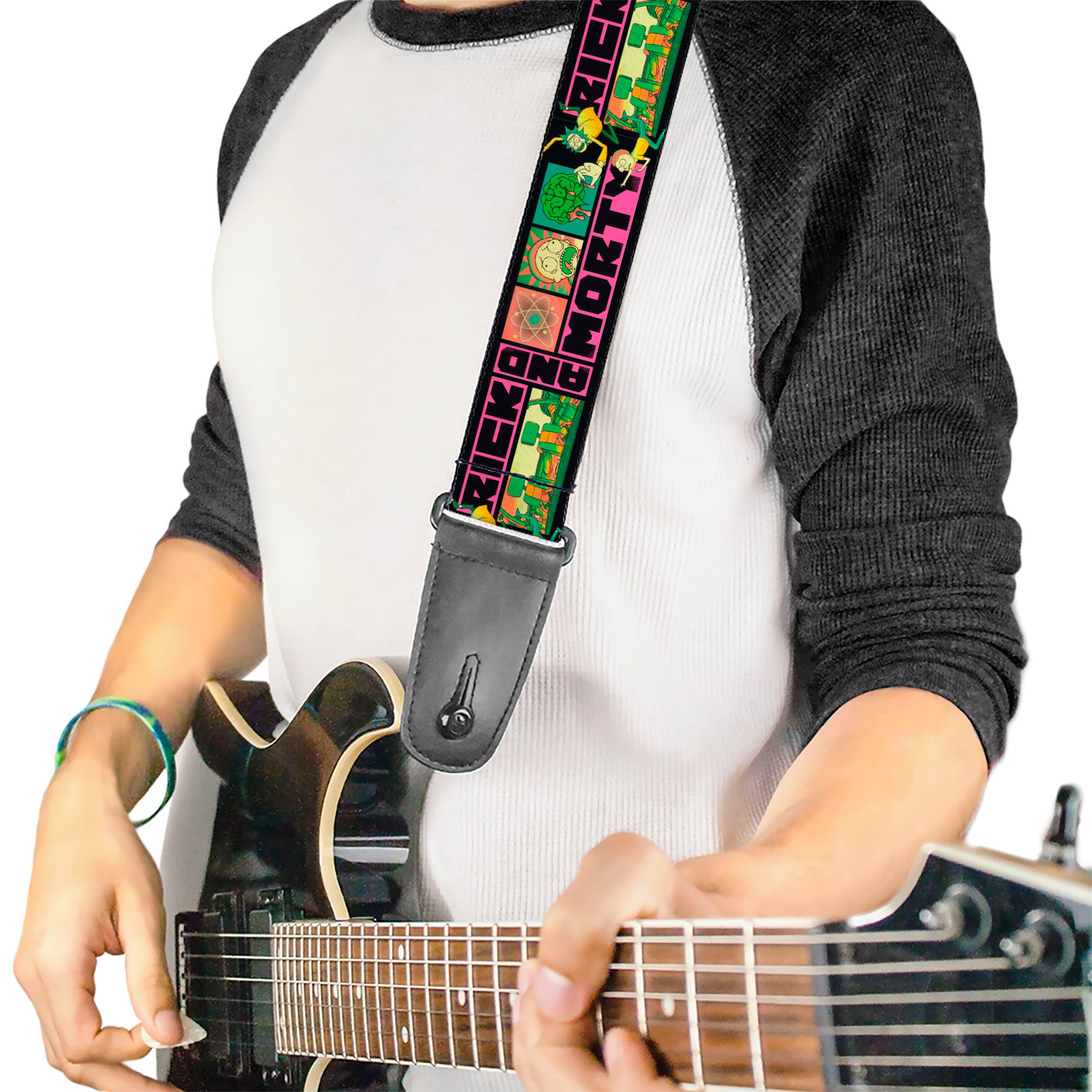 Guitar Strap - RICK AND MORTY Text Blocks and Scenes Black/Multi Color Guitar Straps Rick and Morty
