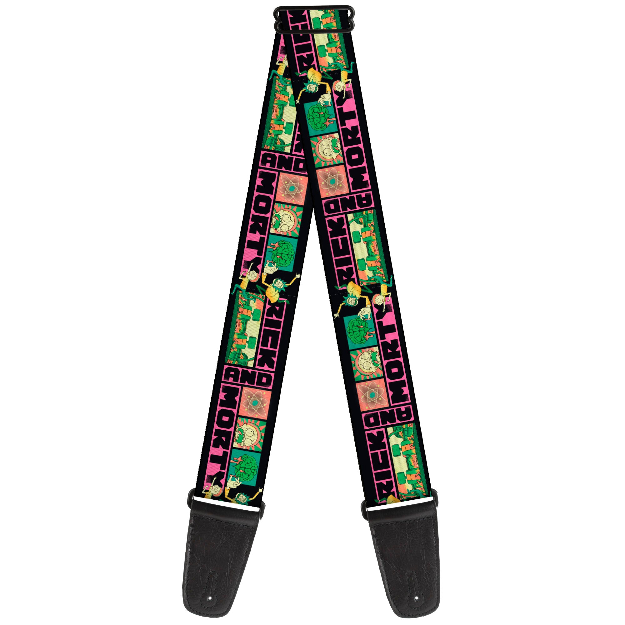 Guitar Strap - RICK AND MORTY Text Blocks and Scenes Black/Multi Color Guitar Straps Rick and Morty