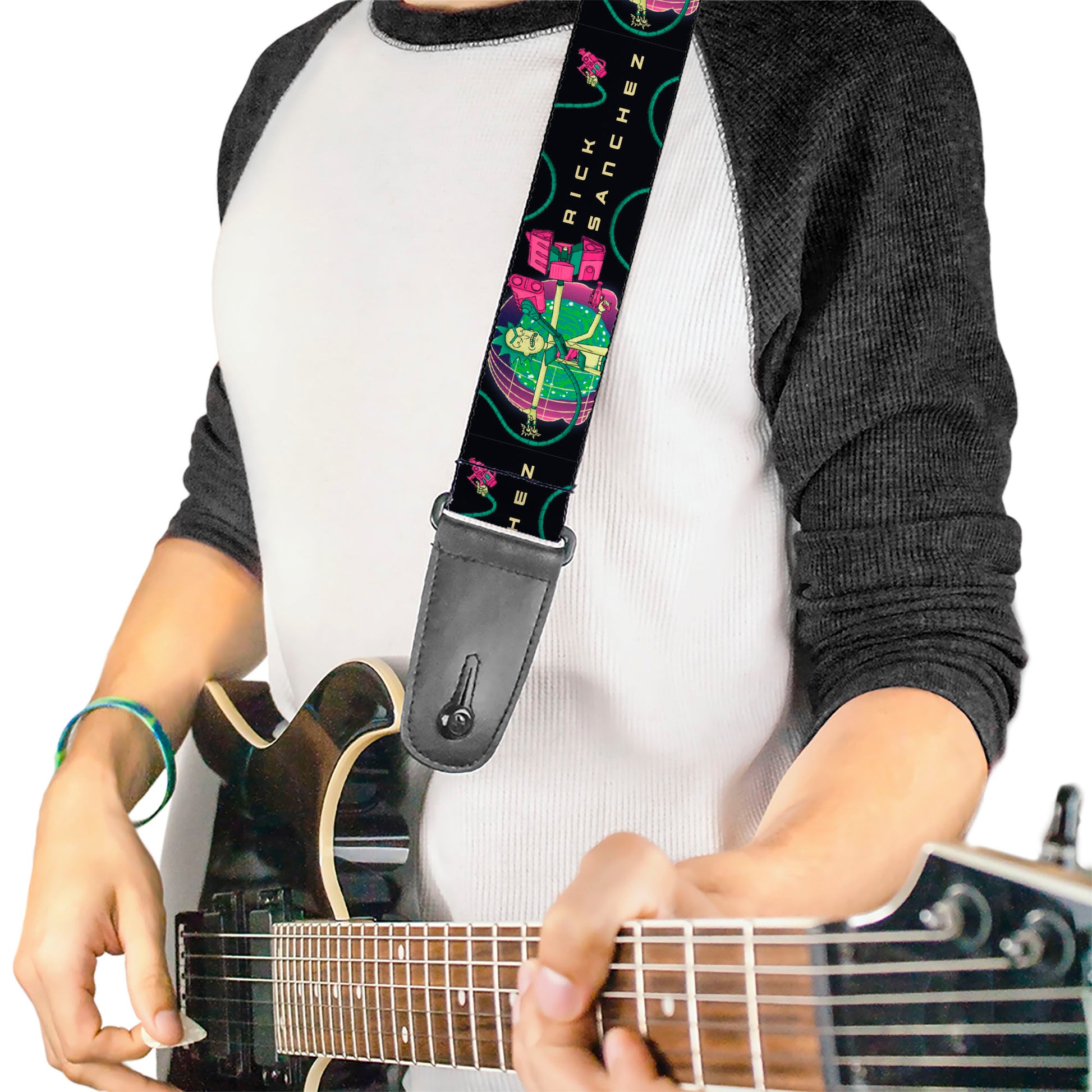 Guitar Strap - RICK SANCHEZ Multi Arm Portal Pose Black/Blues/Pinks Guitar Straps Rick and Morty