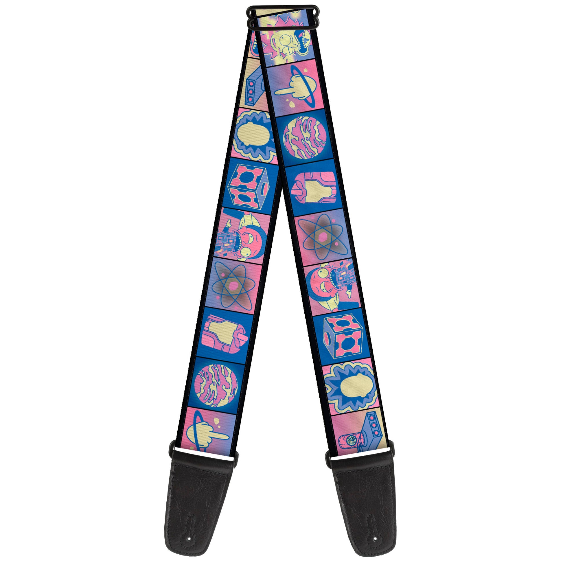 Guitar Strap - Rick and Morty Character Pose and Icon Blocks Pinks/Blues Guitar Straps Rick and Morty