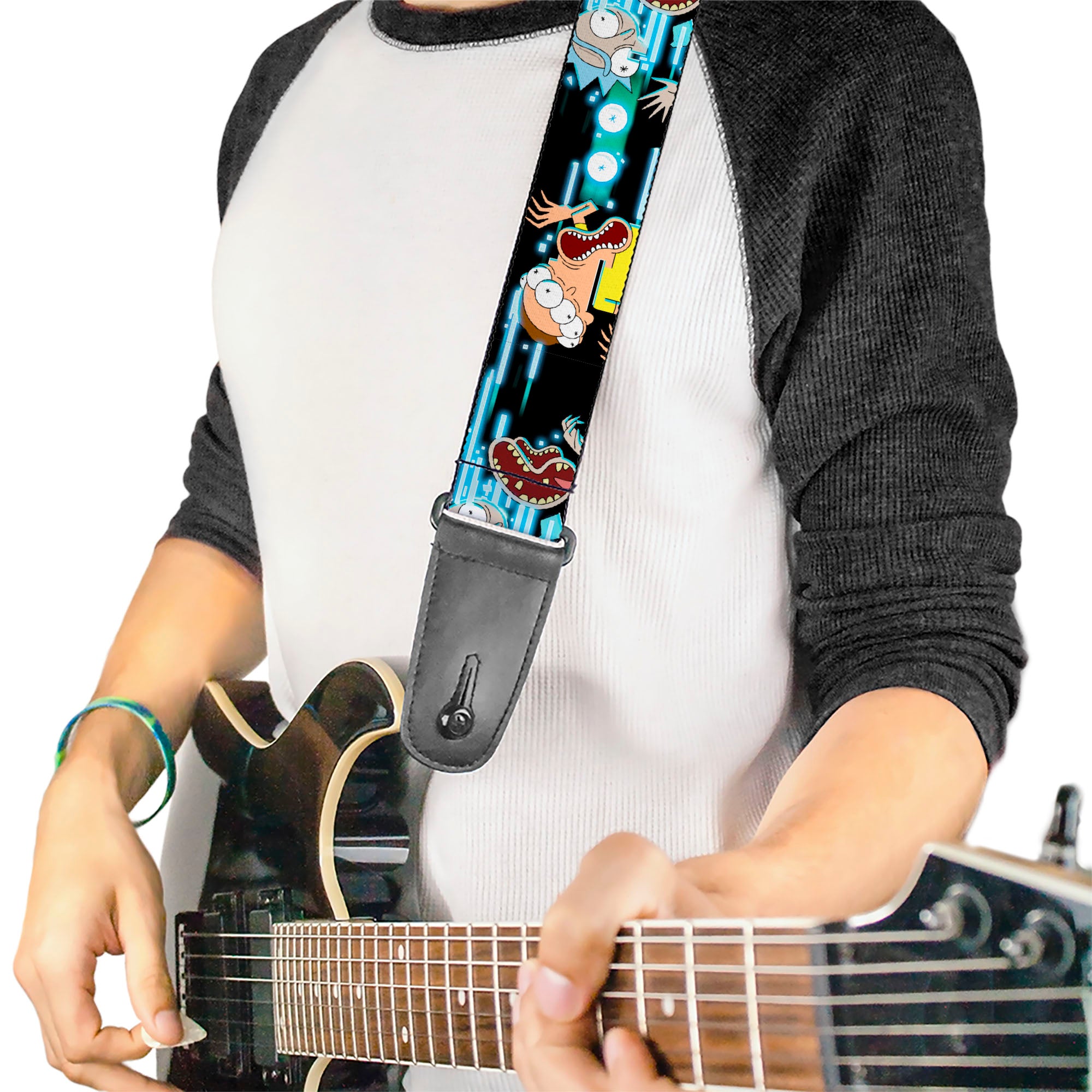 Guitar Strap - Rick and Morty Face Glitch Pose Black/Blues Guitar Straps Rick and Morty