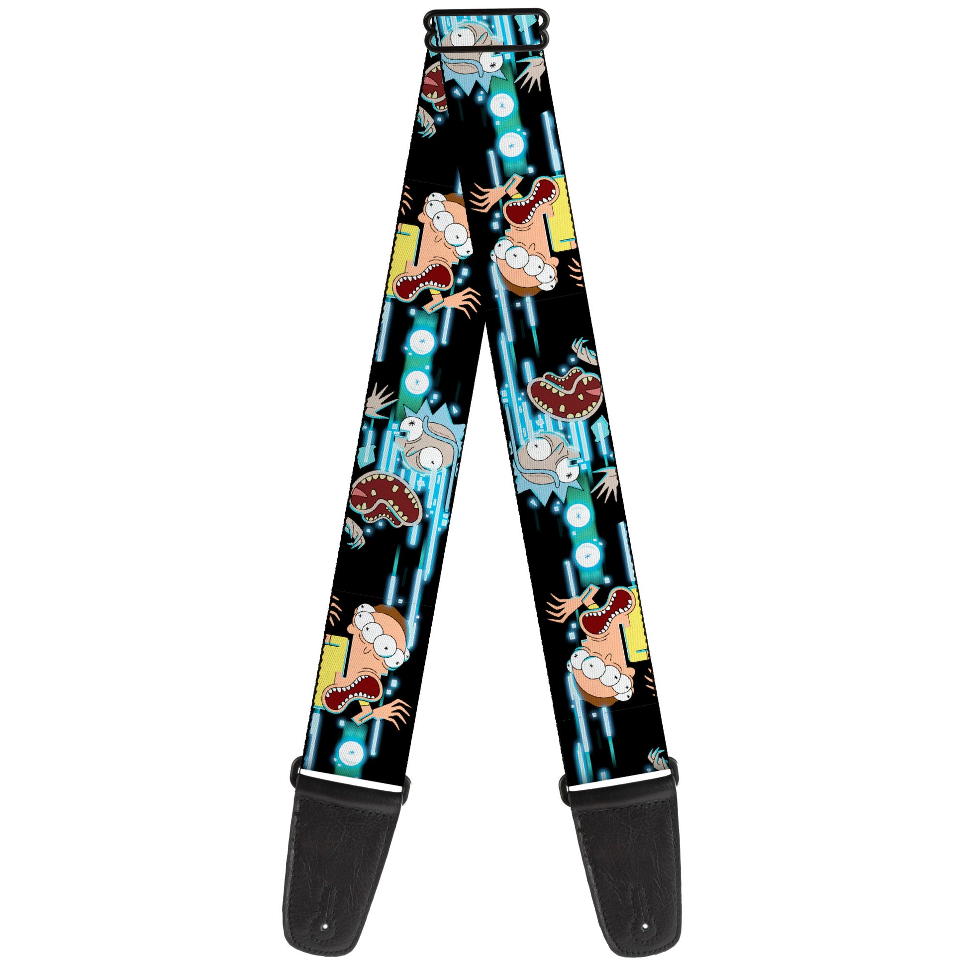 Guitar Strap - Rick and Morty Face Glitch Pose Black/Blues Guitar Straps Rick and Morty