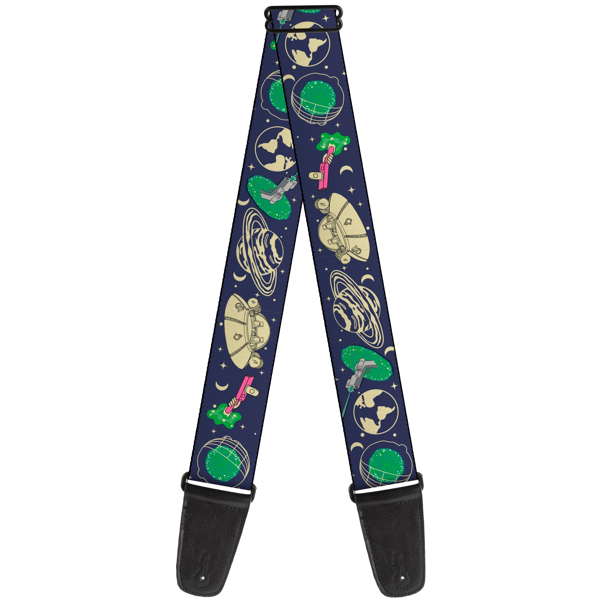 Guitar Strap - Rick and Morty Portal and Space Icons Collage Blue/Beige/Greens Guitar Straps Rick and Morty