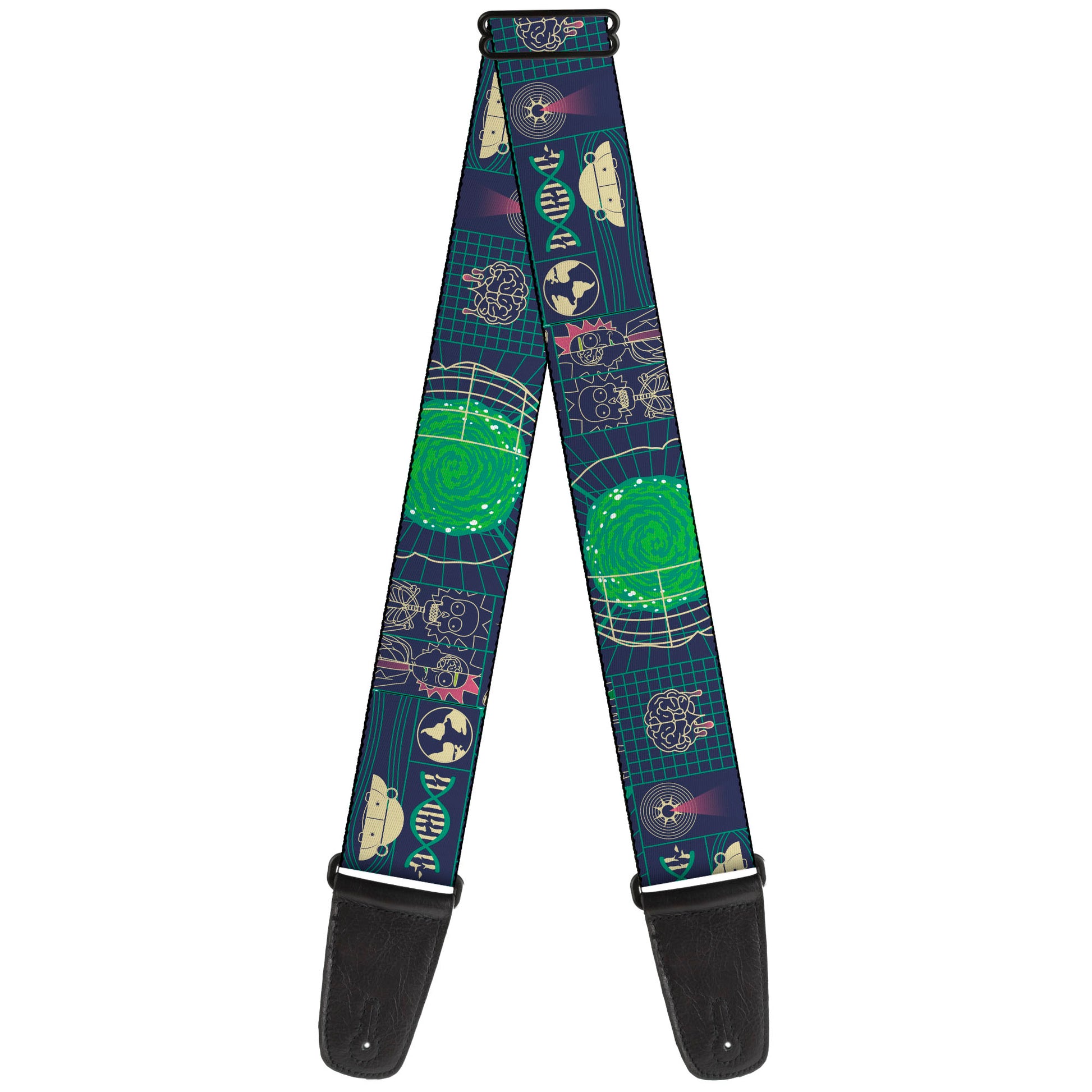 Guitar Strap - Rick and Morty Dimensional Portal Icons Collage Navy/Greens Guitar Straps Rick and Morty