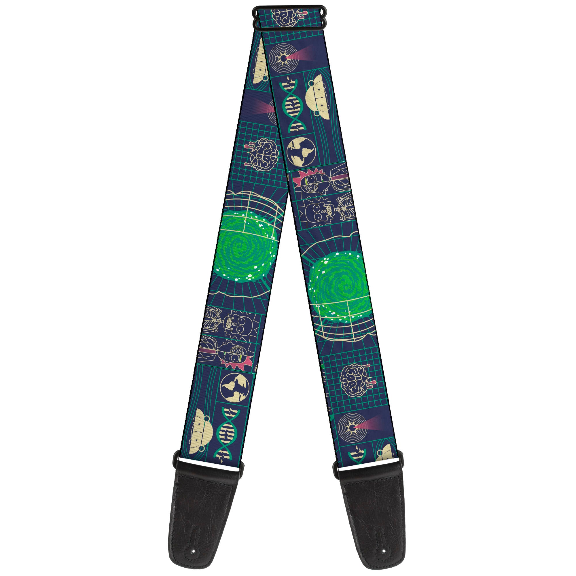 Guitar Strap - Rick and Morty Dimensional Portal Icons Collage Navy/Greens Guitar Straps Rick and Morty