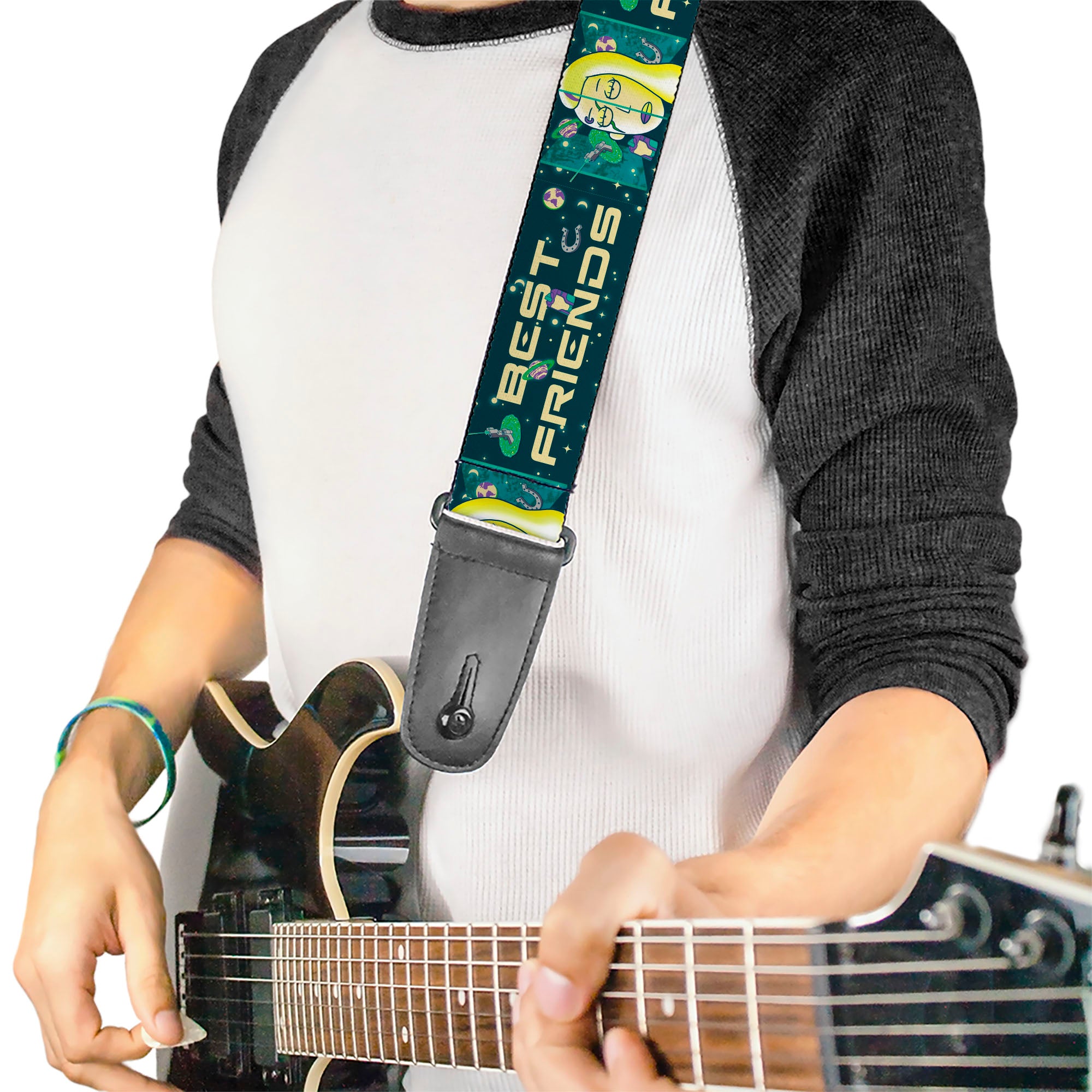 Guitar Strap - Rick and Morty Space Beth BEST FRIENDS Split Pose BlueGreens Guitar Straps Rick and Morty