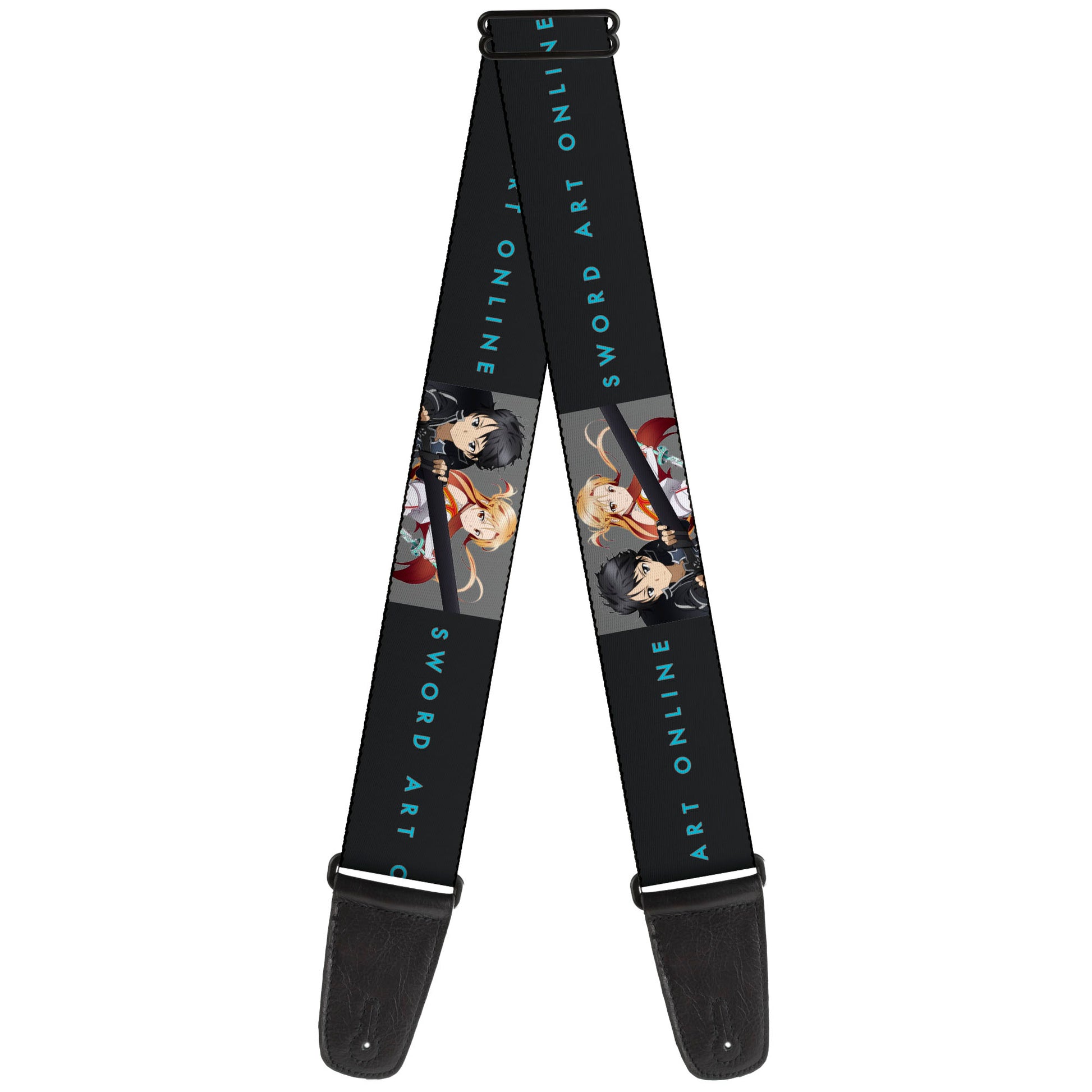 Guitar Strap - SWORD ART ONLINE Kirito and Asuna Swords Pose and Title Logo Black Guitar Straps Sword Art Online