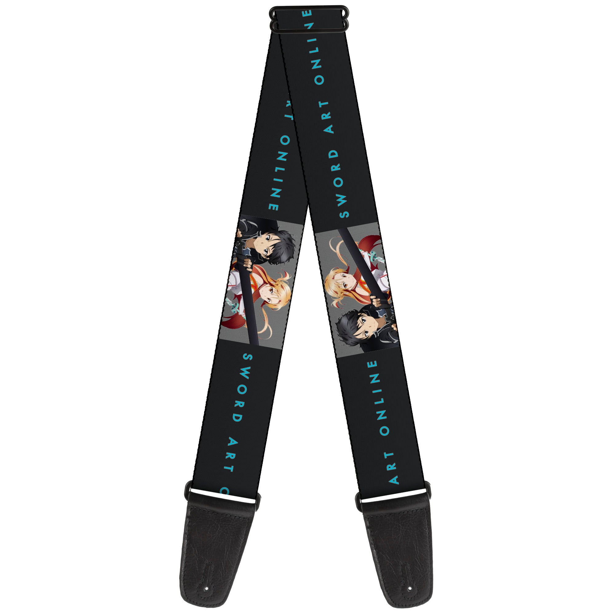 Guitar Strap - SWORD ART ONLINE Kirito and Asuna Swords Pose and Title Logo Black Guitar Straps Sword Art Online