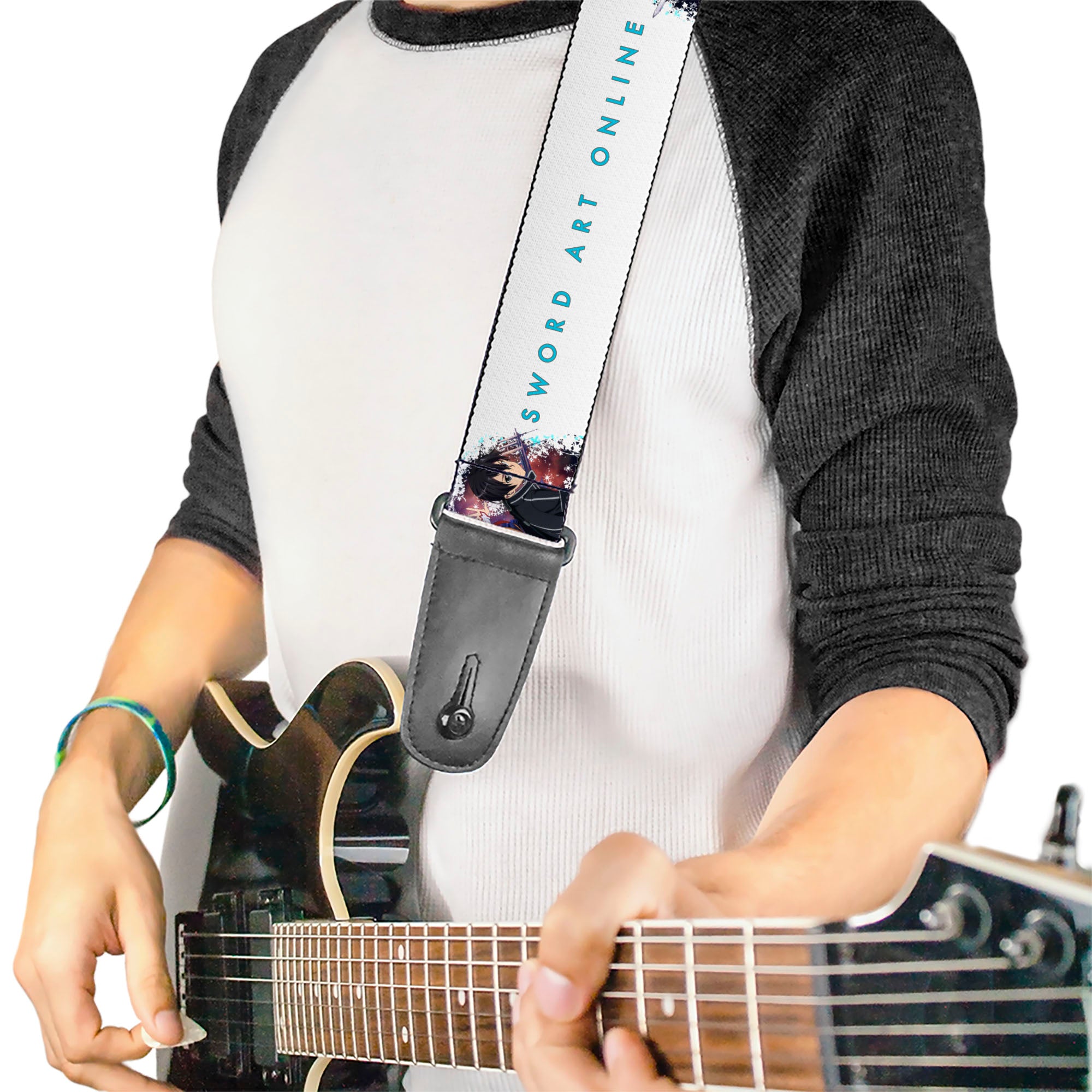 Guitar Strap - SWORD ART ONLINE Asuna and Kirito Action Pose and Title Logo White Guitar Straps Sword Art Online