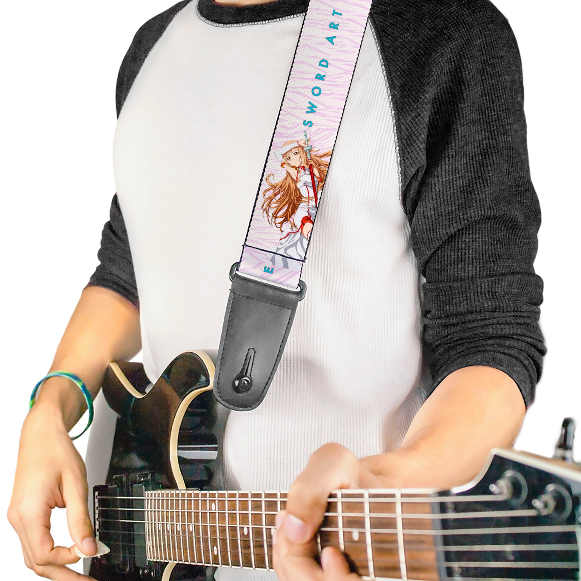 Guitar Strap - SWORD ART ONLINE Asuna Lambent Light Rapier Pose and Title Logo Pink Guitar Straps Sword Art Online