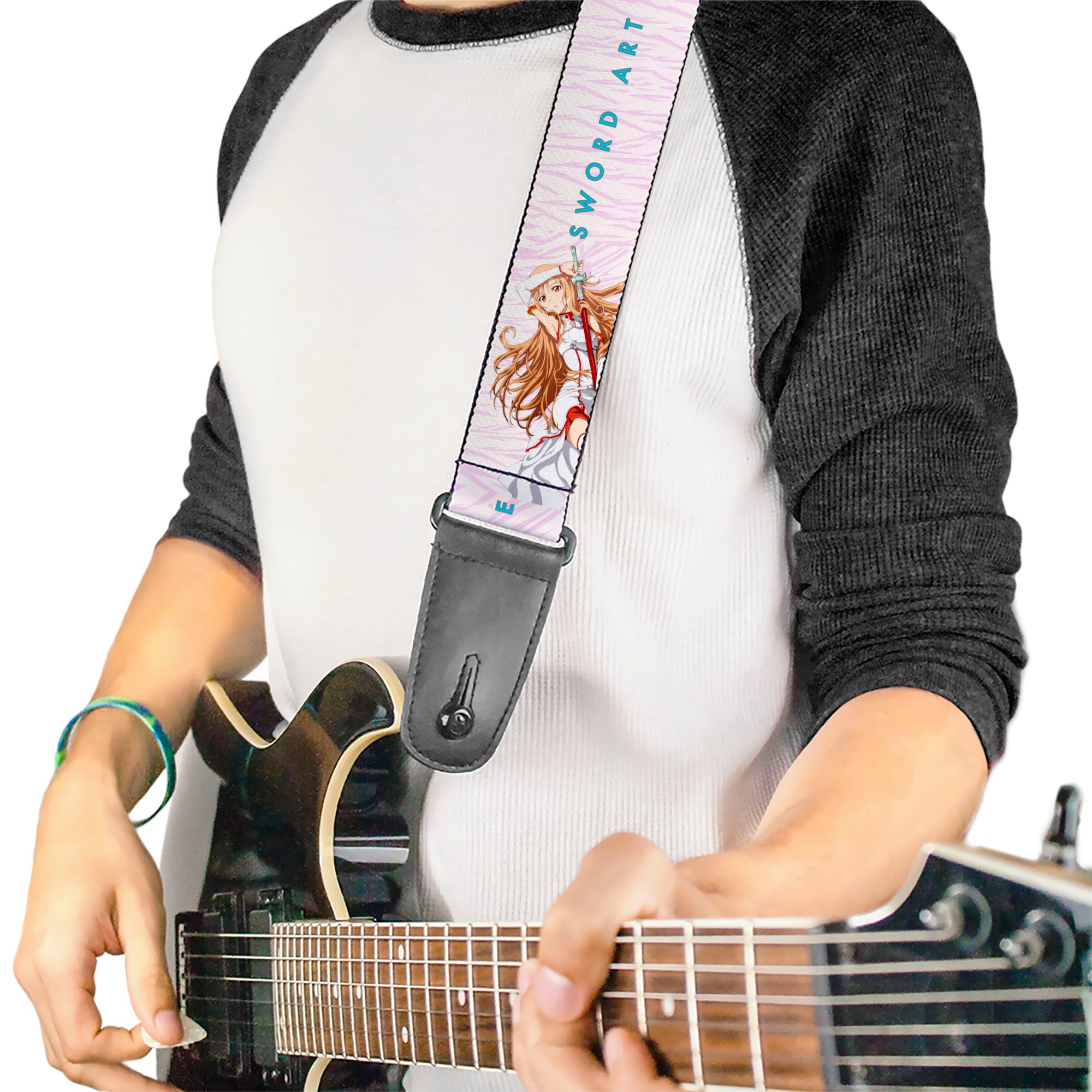 Guitar Strap - SWORD ART ONLINE Asuna Lambent Light Rapier Pose and Title Logo Pink Guitar Straps Sword Art Online