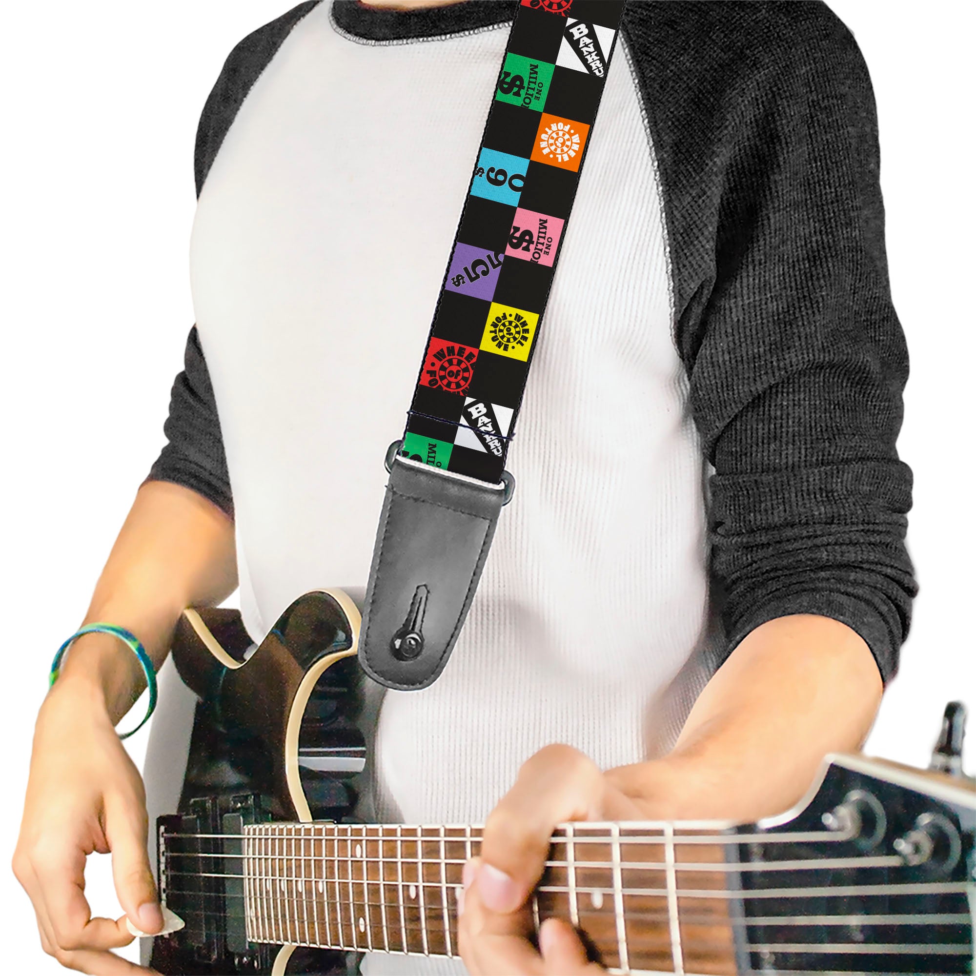 Guitar Strap - WHEEL OF FORTUNE Checker Icons Black/Multi Color Guitar Straps Wheel of Fortune