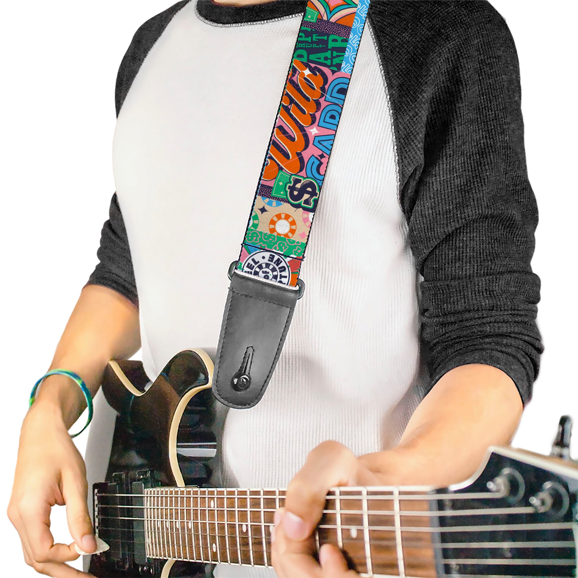 Guitar Strap - WHEEL OF FORTUNE Logo and WILD CARD Collage Multi Color Guitar Straps Wheel of Fortune