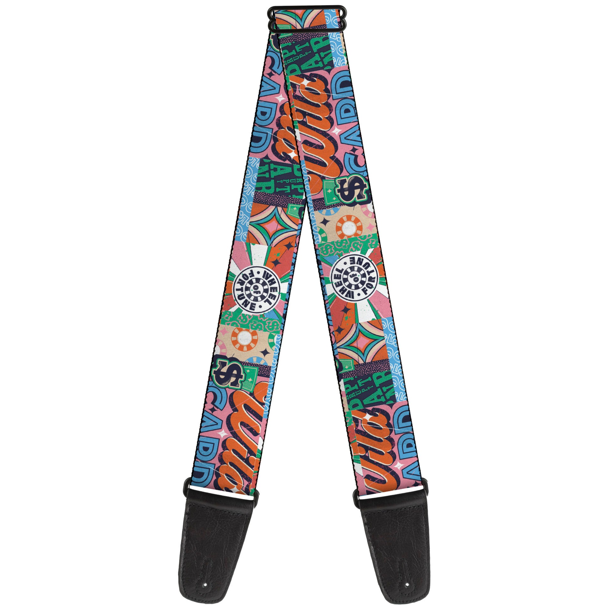 Guitar Strap - WHEEL OF FORTUNE Logo and WILD CARD Collage Multi Color Guitar Straps Wheel of Fortune
