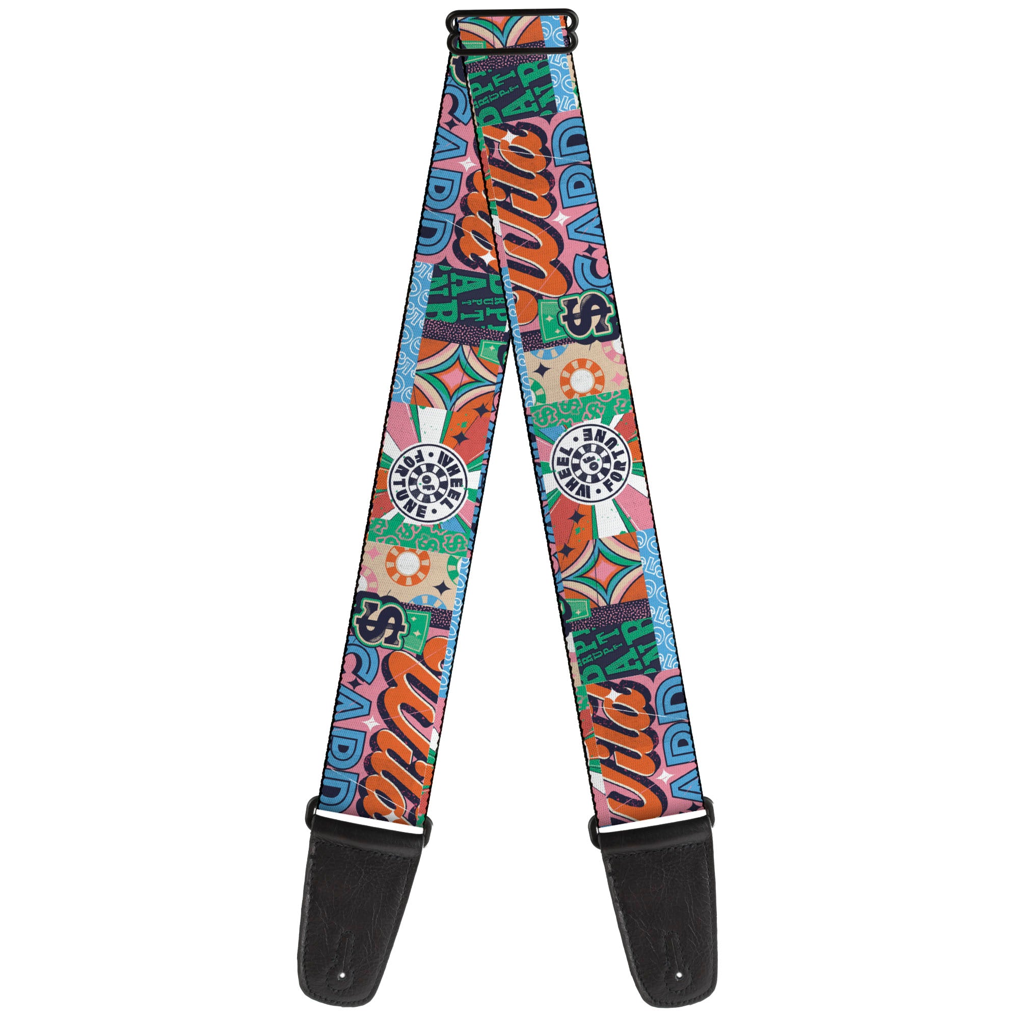 Guitar Strap - WHEEL OF FORTUNE Logo and WILD CARD Collage Multi Color Guitar Straps Wheel of Fortune