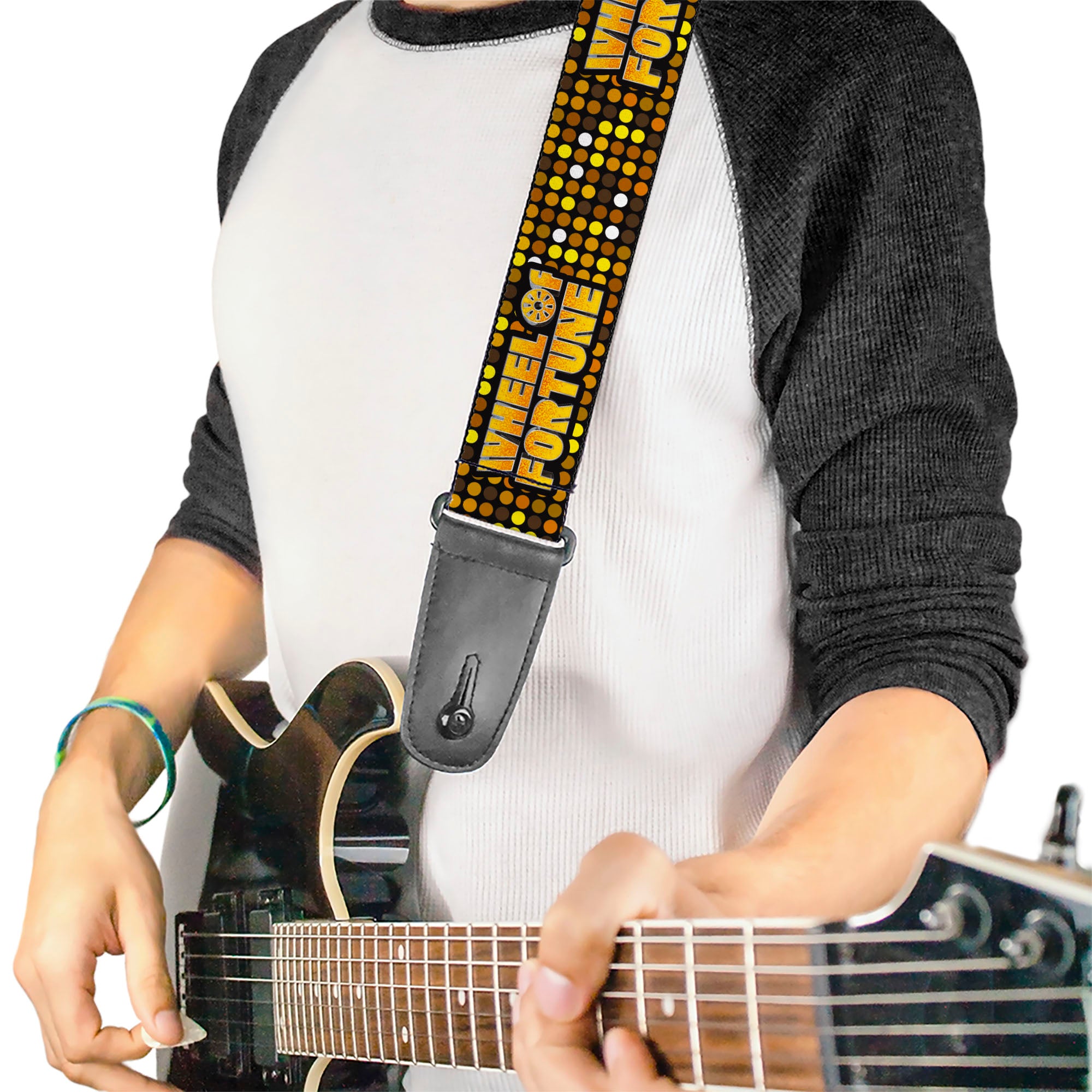 Guitar Strap - WHEEL OF FORTUNE Title Logo Sequin Dots Black/Oranges/Yellow Guitar Straps Wheel of Fortune