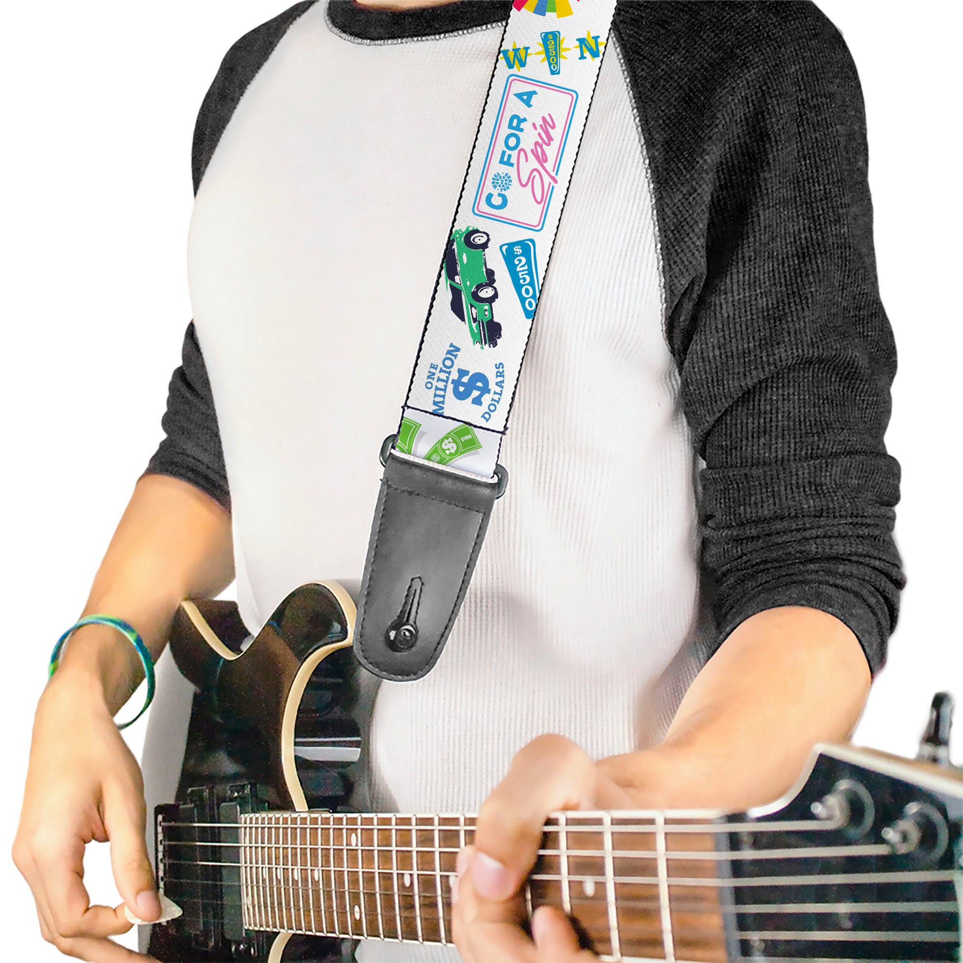 Guitar Strap - Wheel of Fortune GO FOR A SPIN Prize Collage White/Multi Color Guitar Straps Wheel of Fortune