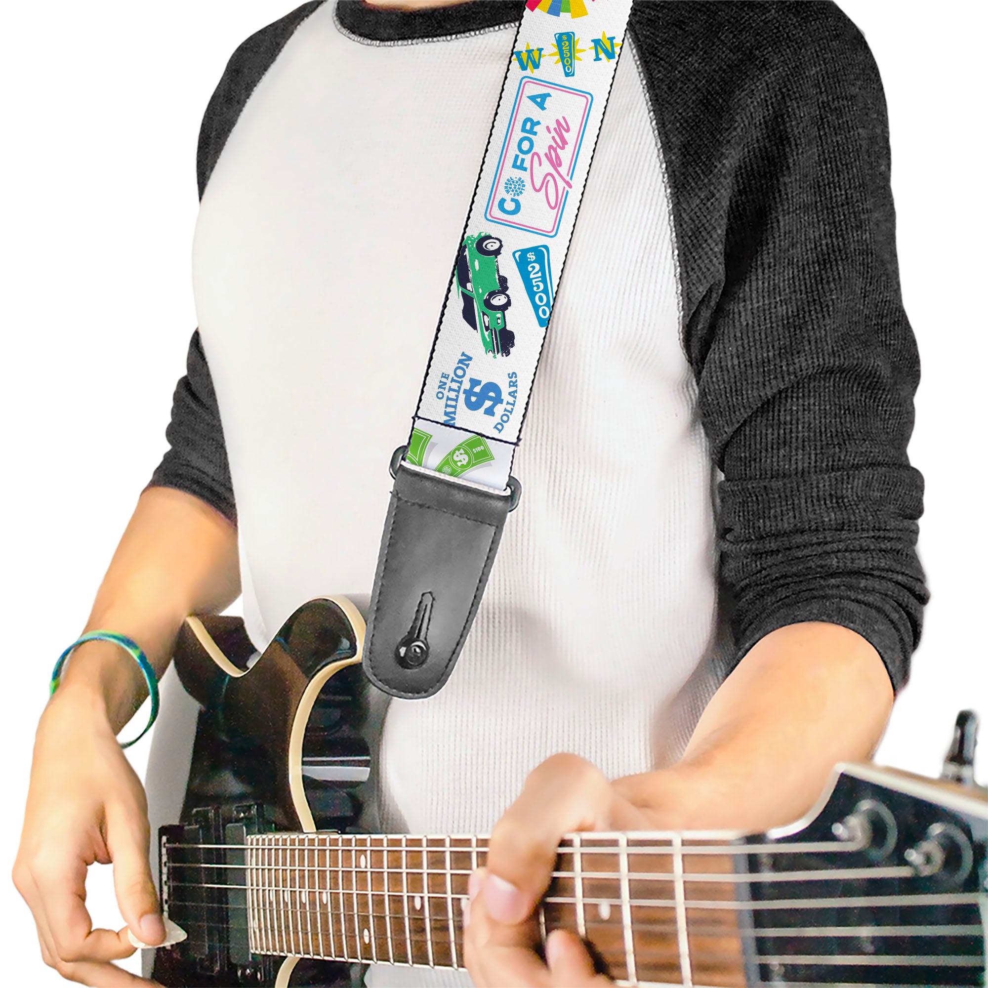 Guitar Strap - Wheel of Fortune GO FOR A SPIN Prize Collage White/Multi Color Guitar Straps Wheel of Fortune