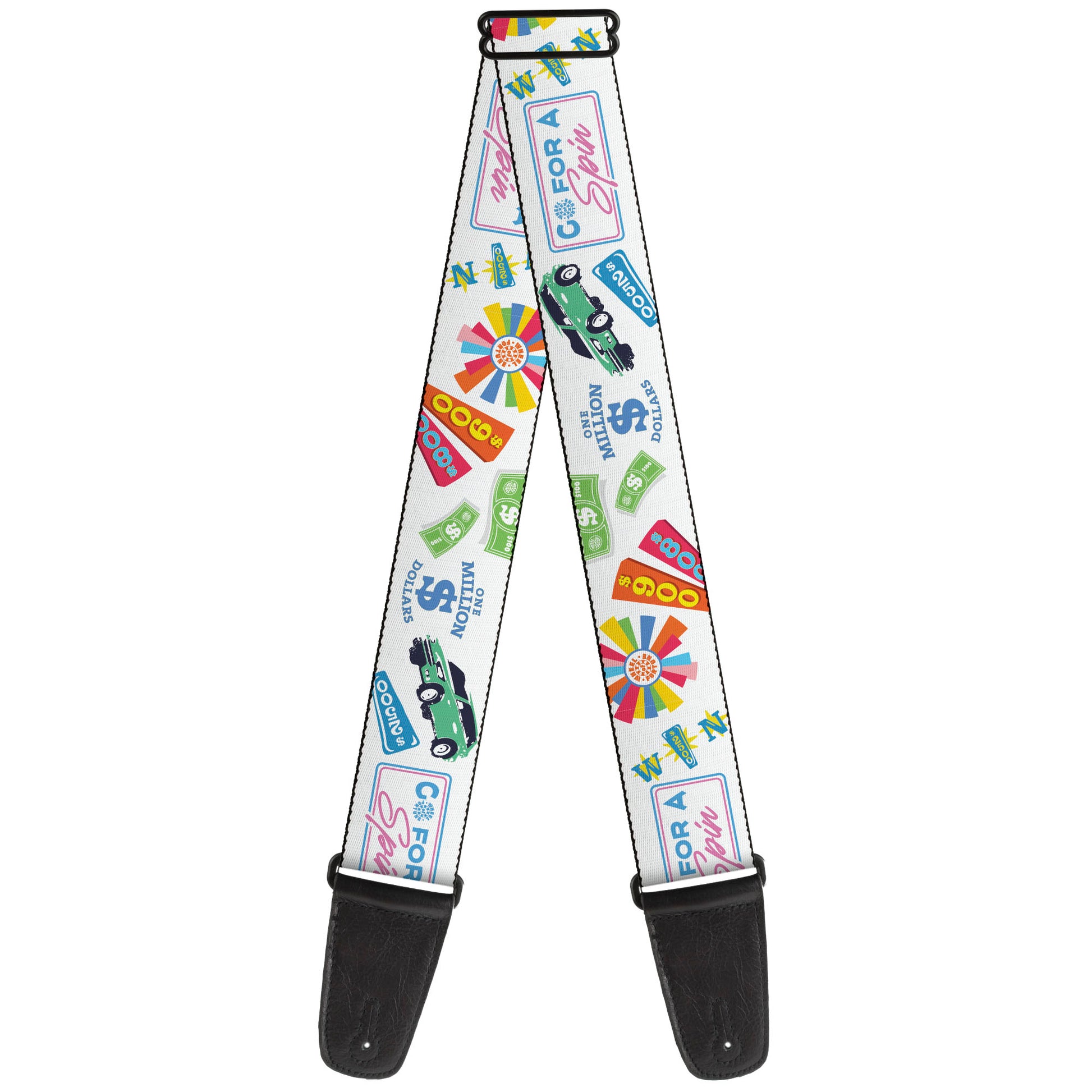 Guitar Strap - Wheel of Fortune GO FOR A SPIN Prize Collage White/Multi Color Guitar Straps Wheel of Fortune