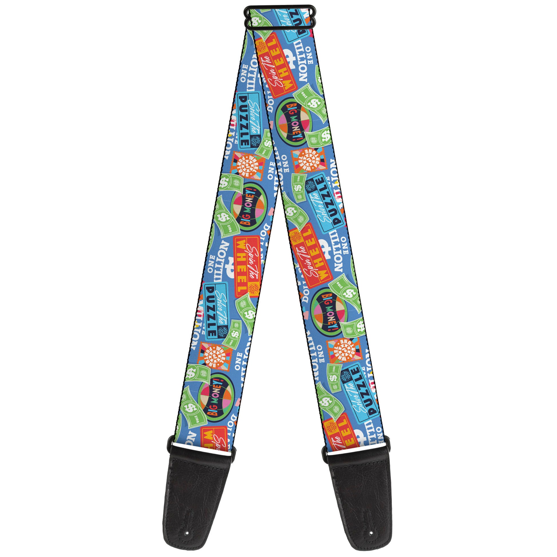 Guitar Strap - Wheel of Fortune Quotes and Prizes Collage Blue/Multi Color Guitar Straps Wheel of Fortune