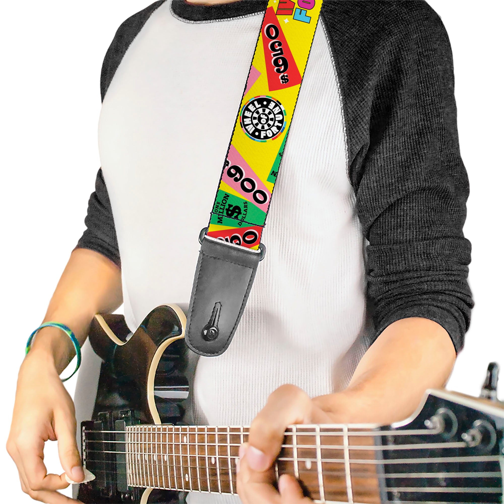 Guitar Strap - WHEEL OF FORTUNE Test and Wedge Collage Yellow/Multi Color Guitar Straps Wheel of Fortune