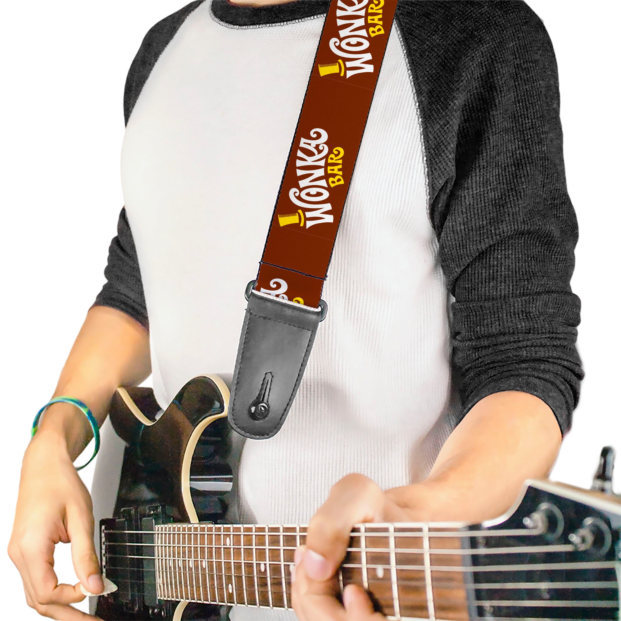 Guitar Strap - Willy Wonka and the Chocolate Factory WONKA BAR Logo Brown/Yellow/White Guitar Straps Willy Wonka and the Chocolate Factory