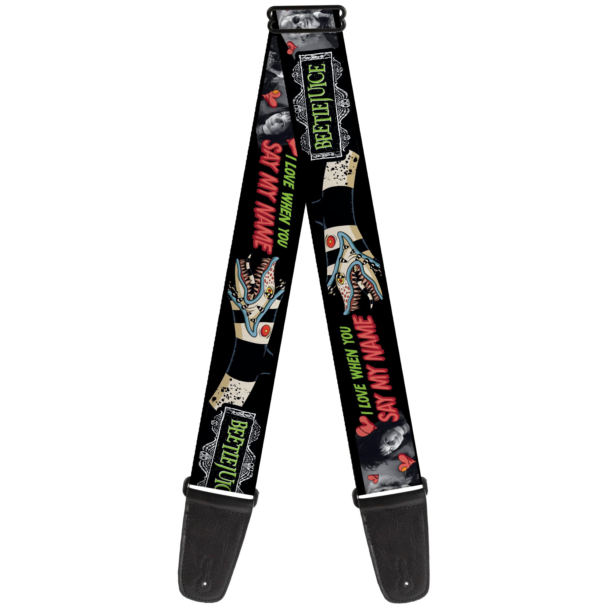 Guitar Strap - BEETLEJUICE I LOVE WHEN YOU SAY MY NAME Poses and Sandworm Black Guitar Straps Beetlejuice