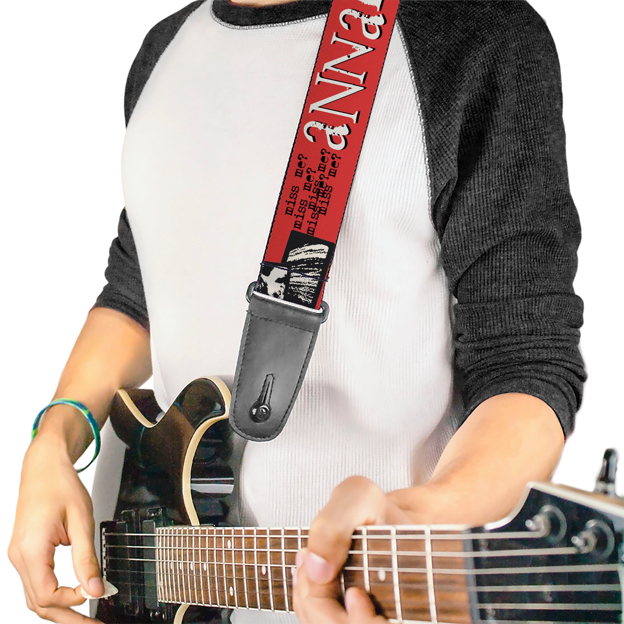 Guitar Strap - ANNABELLE MISS ME Eyes and Text Red/Black/White Guitar Straps Annabelle