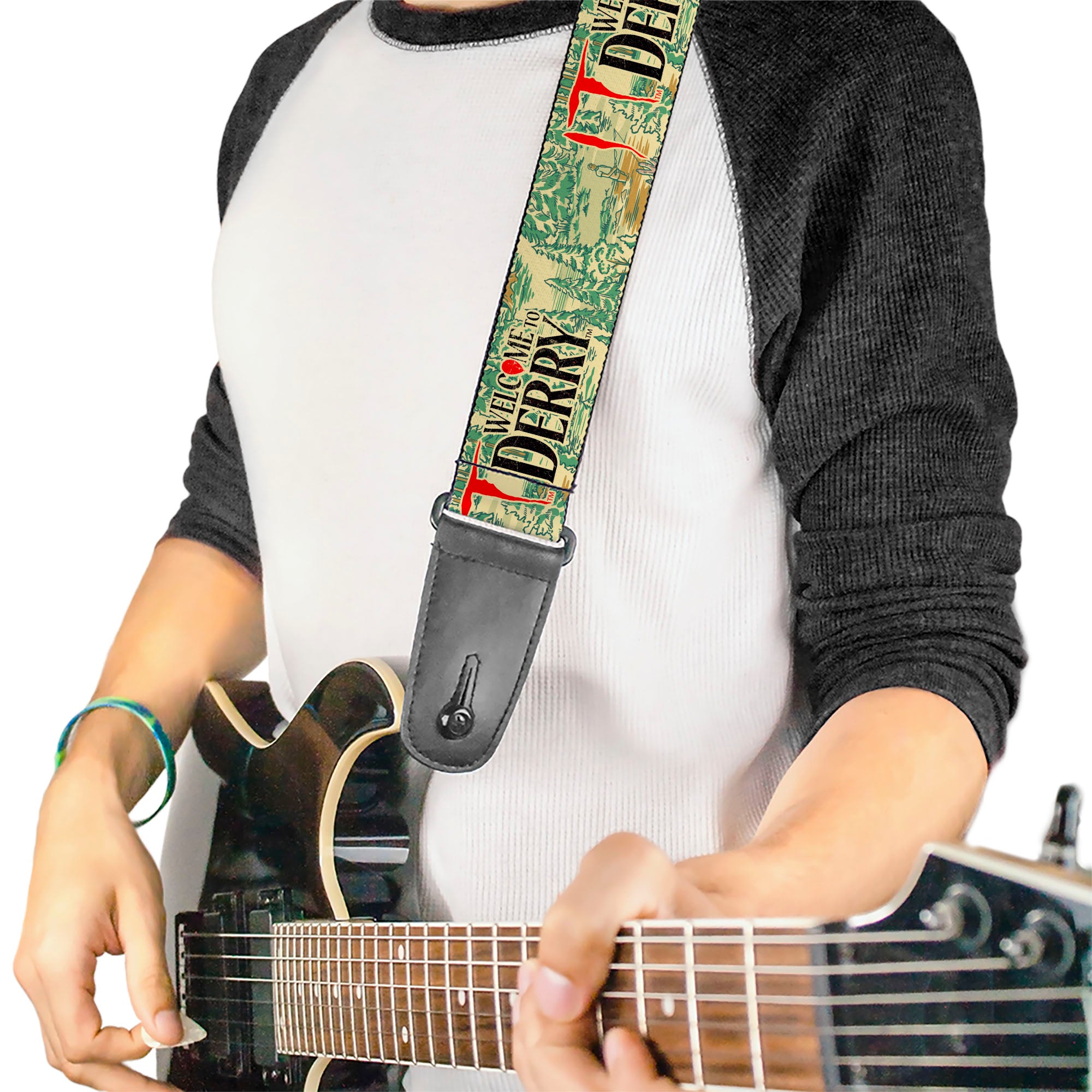 Guitar Strap - IT WELCOME TO DERRY Forest Scenery and Title Logo Beige/Greens Guitar Straps IT