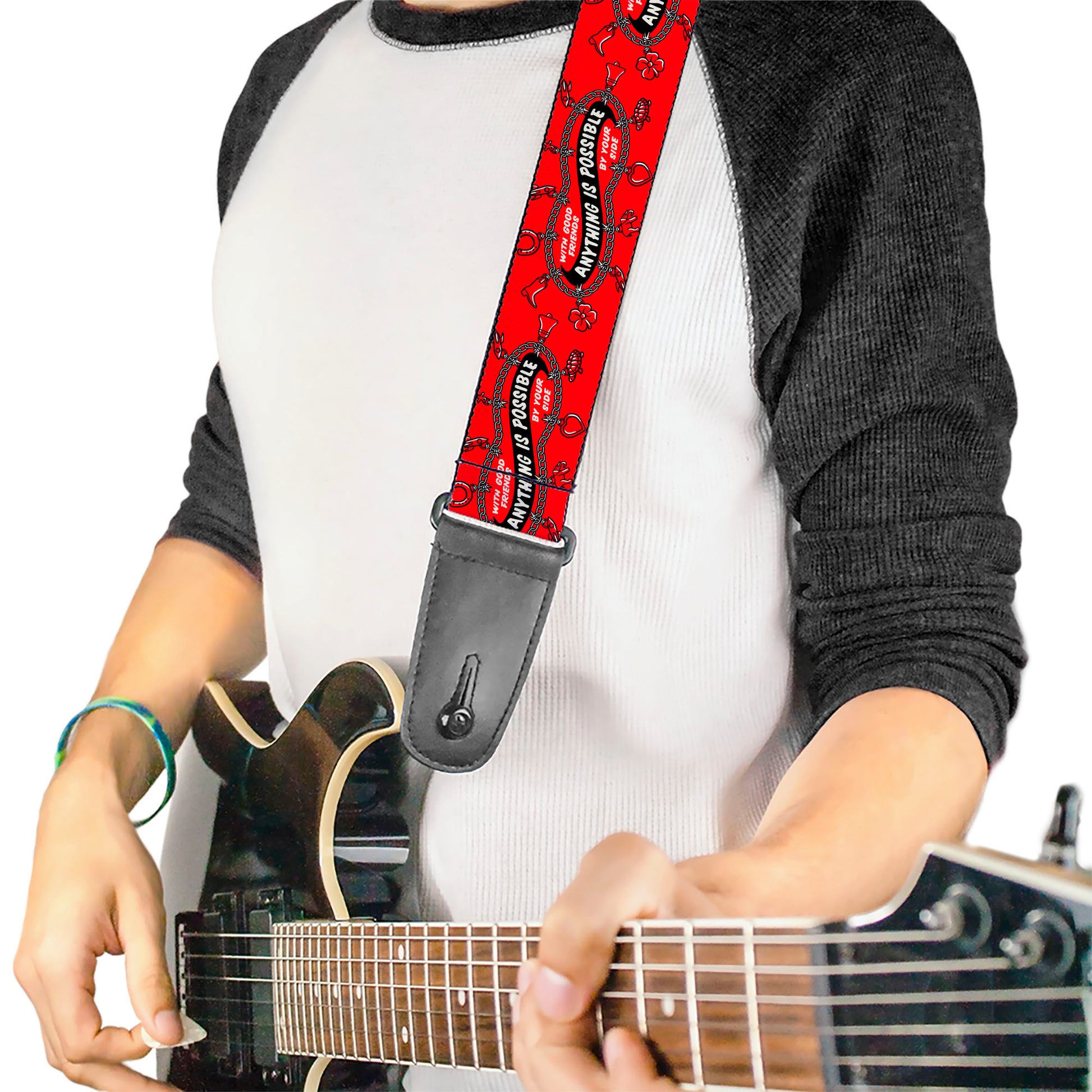 Guitar Strap - IT Welcome to Derry ANYTHING IS POSSIBLE Charm Bracelet Red/Black/White Guitar Straps IT
