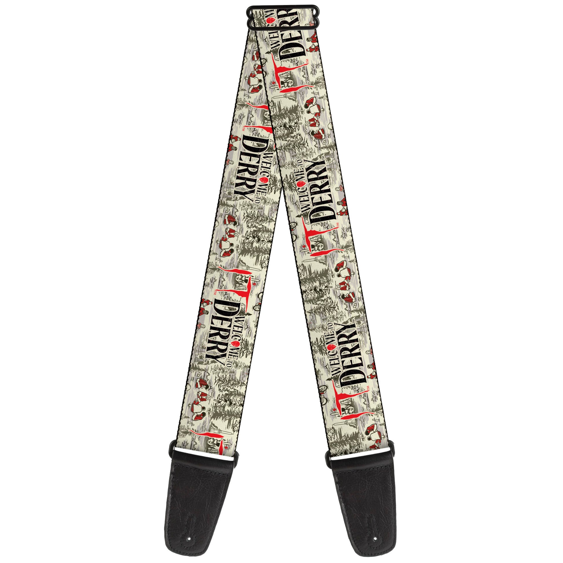 Guitar Strap - IT WELCOME TO DERRY Camping Forest Scenery and Title Logo Beige/Grays Guitar Straps IT