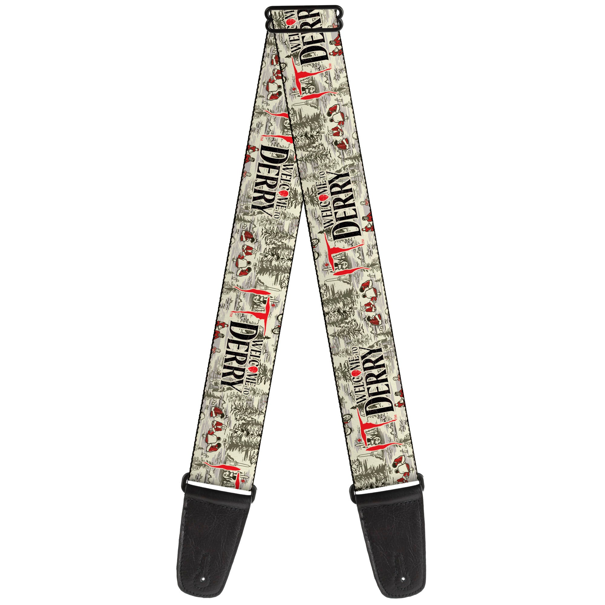 Guitar Strap - IT WELCOME TO DERRY Camping Forest Scenery and Title Logo Beige/Grays Guitar Straps IT