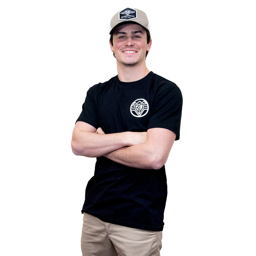 Snapback Trucker Hat - Buckle-Down Wings and Text 1993 Logo Black/White Patch on Tan Panel with White Mesh Hats Buckle-Down